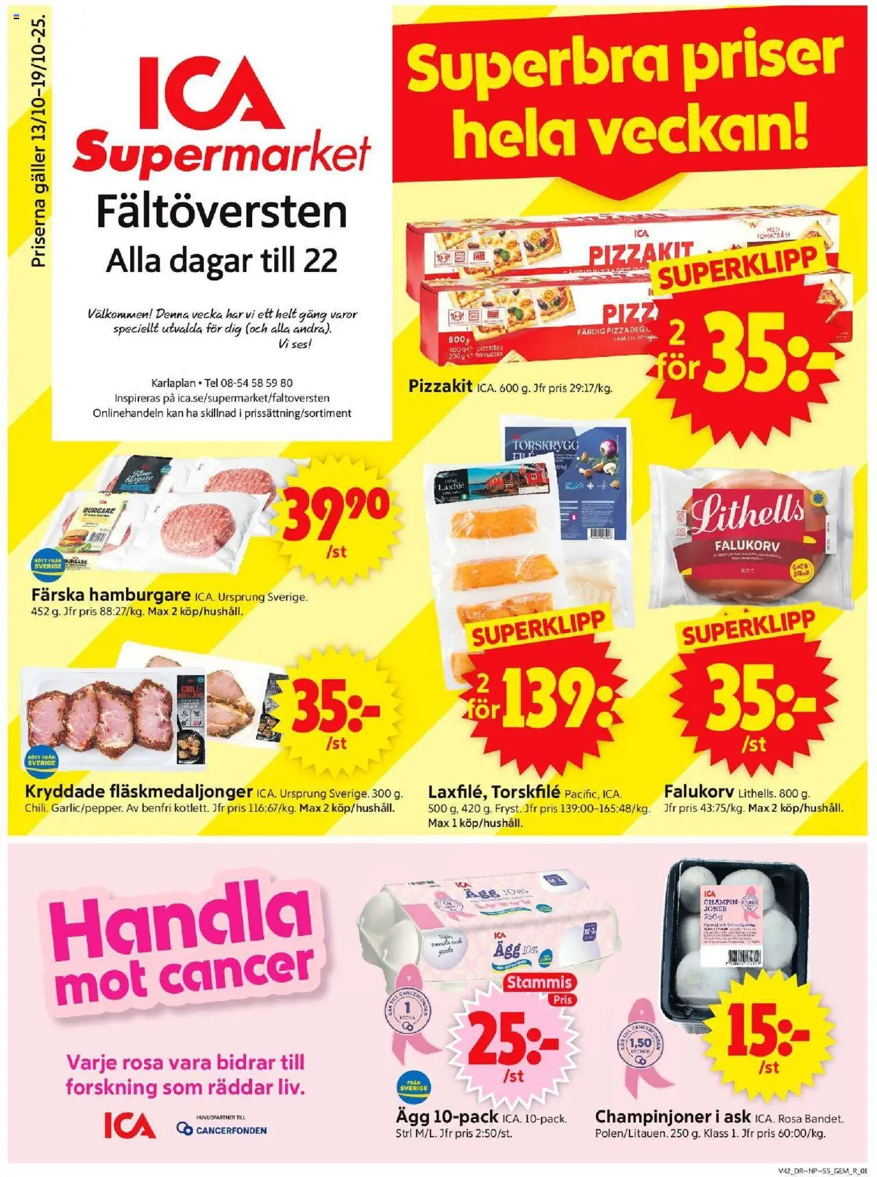 ICA Supermarket reklamblad aktuell från 13.10.2025 | Sida: 1 | Produkter: Torskfile, Hamburgare, Galler, Ägg