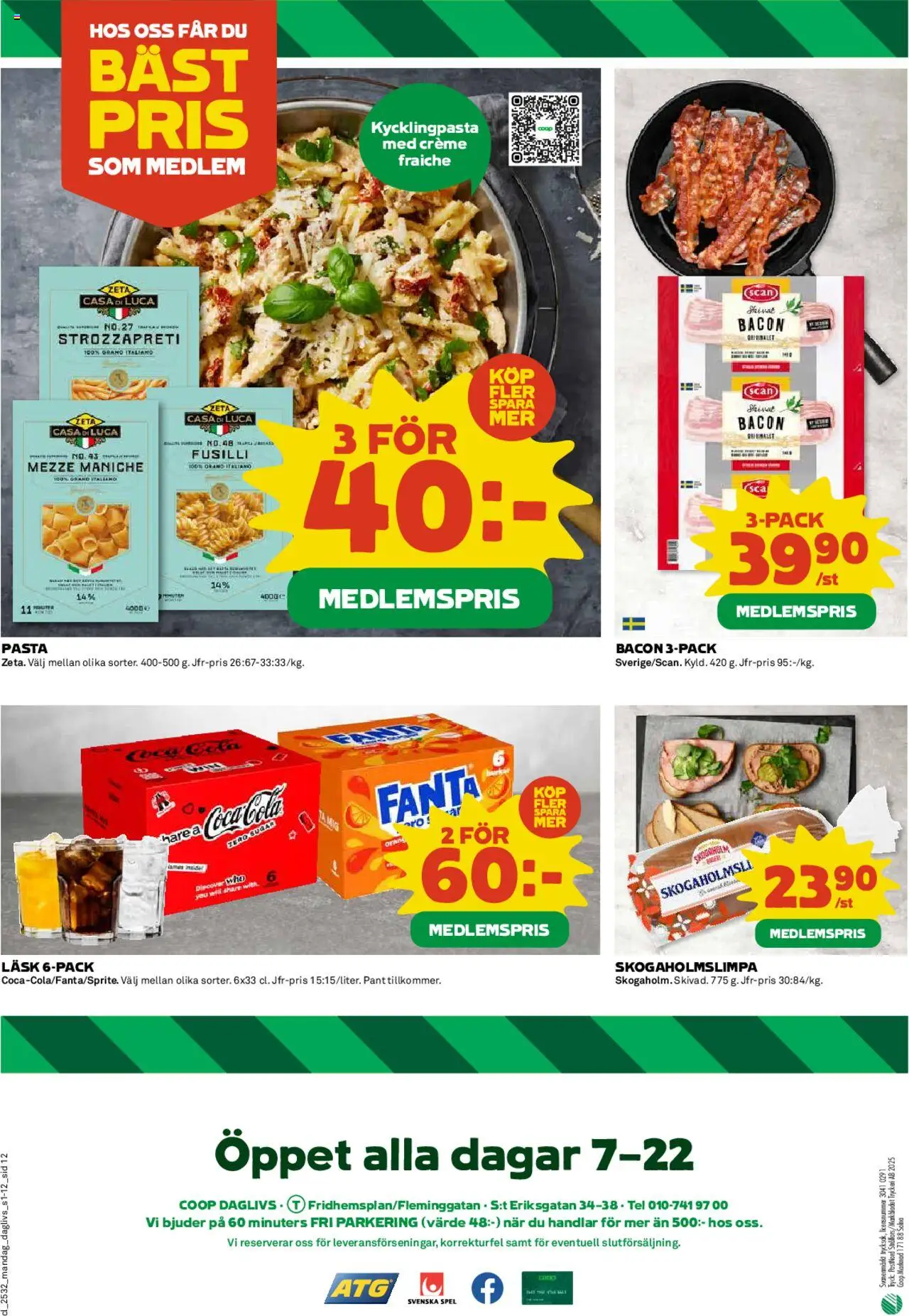 Coop Daglivs reklamblad aktuell från 04.08.2025 | Sida: 12 | Produkter: Bacon, Pasta, Spel