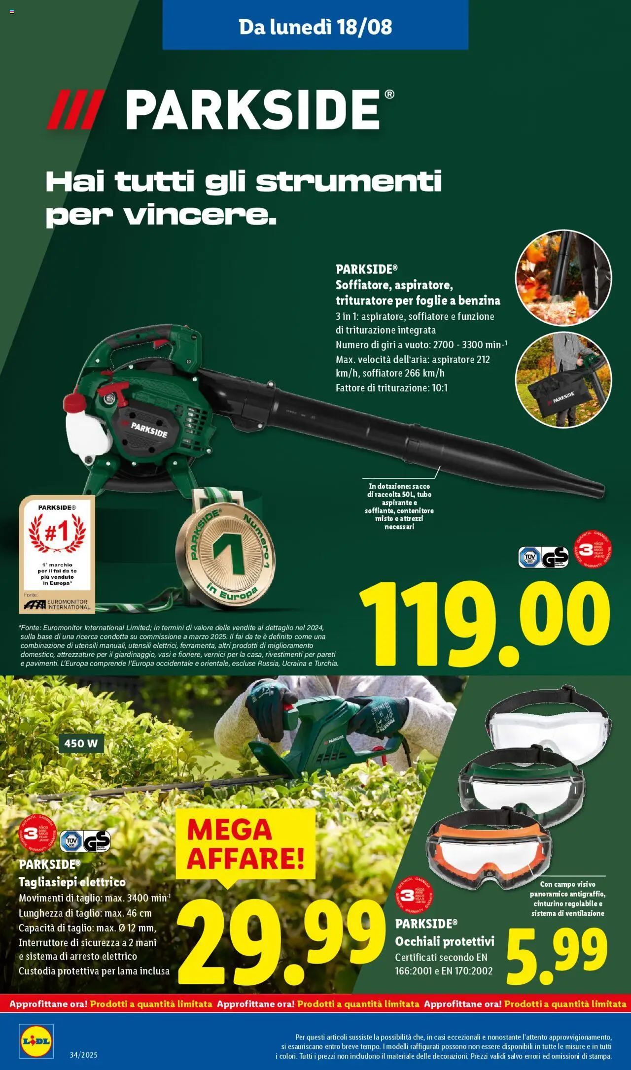 Volantino Lidl del 18.08.2025 | Pagina: 32 | Prodotti: Occhiali, Tagliasiepi, Contenitore, Trituratore