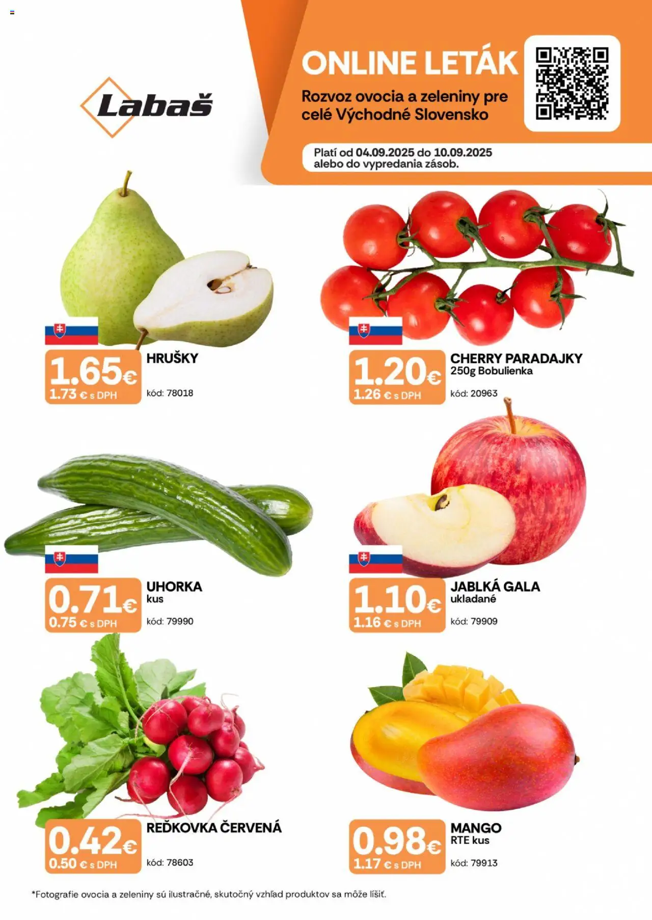 Nové Labaš akcie – leták je platný od 04.09.2025 | Strana: 1 | Produkty: Jablká, Mango, Hrušky, Cherry paradajky