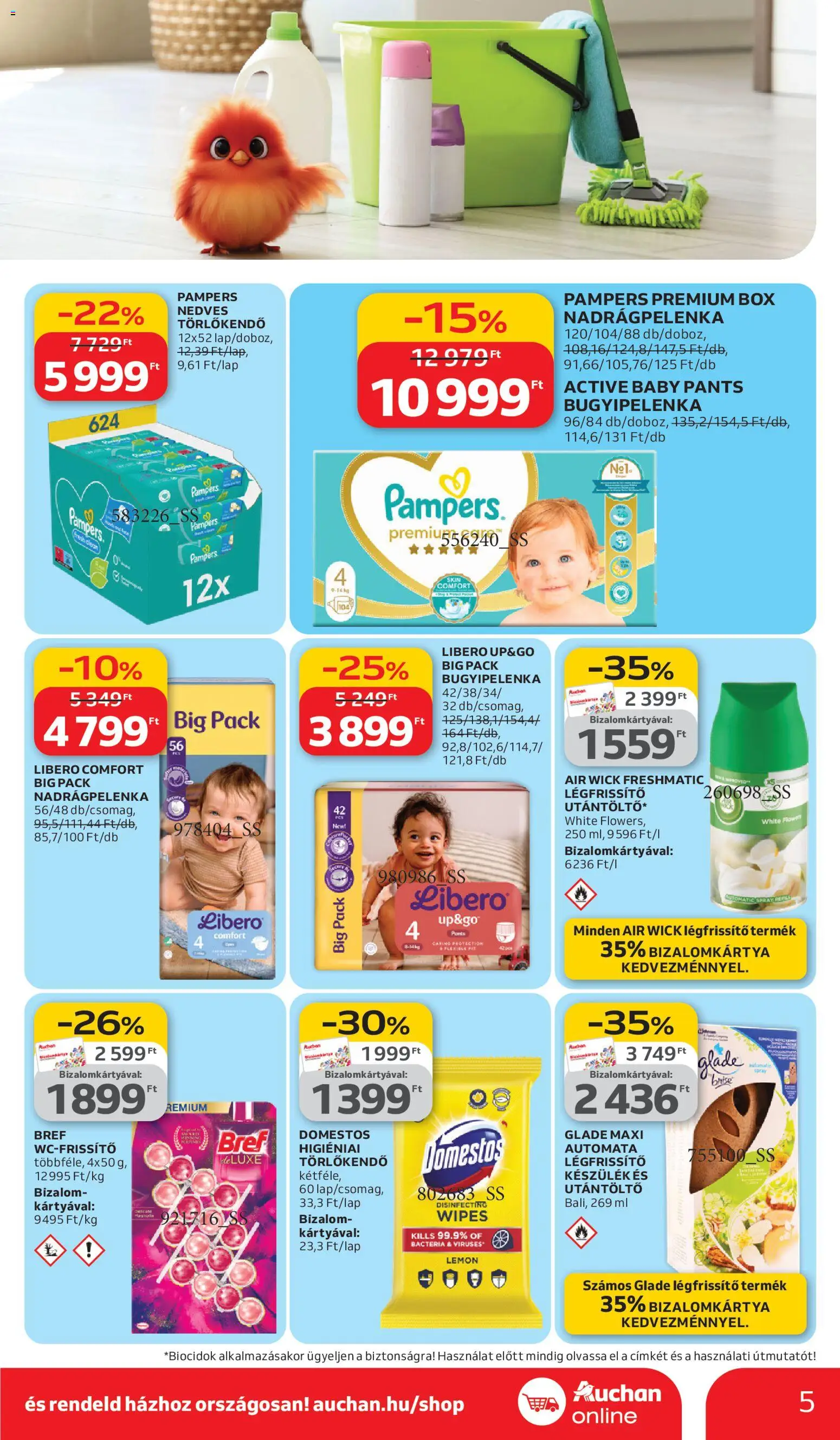 Auchan akciós ujság - amely érvényes a következő dátumtól: 05.03.2026 | Oldal: 5 | Termékek: Pampers, Törlőkendő, Légfrissítő, Nedves törlőkendő