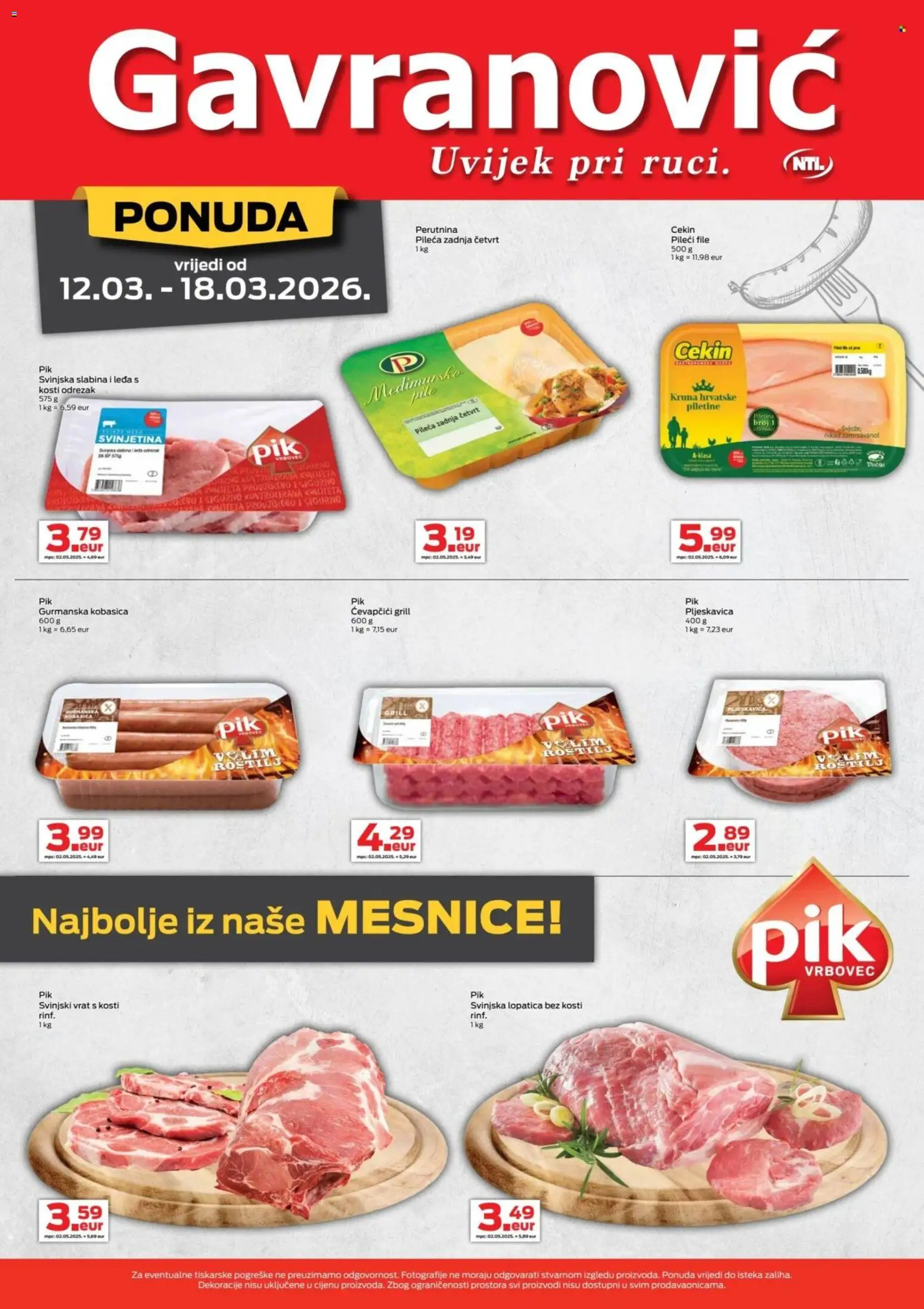 Gavranović katalog | vrijedi od 12.03.2026 | Stranica: 5 | Proizvodi: Svinjska lopatica, Pileći file, Kobasica, Lopatica