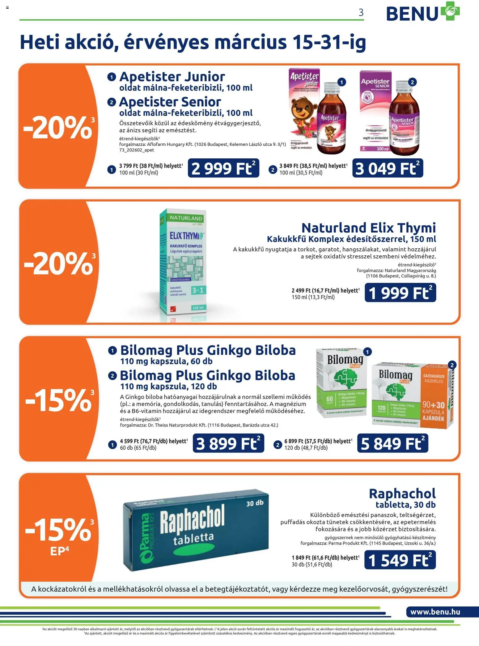 BENU Gyógyszertárak akciós ujság - amely érvényes a következő dátumtól: 01.03.2026 | Oldal: 3 | Termékek: Kakukkfű, Ginkgo biloba