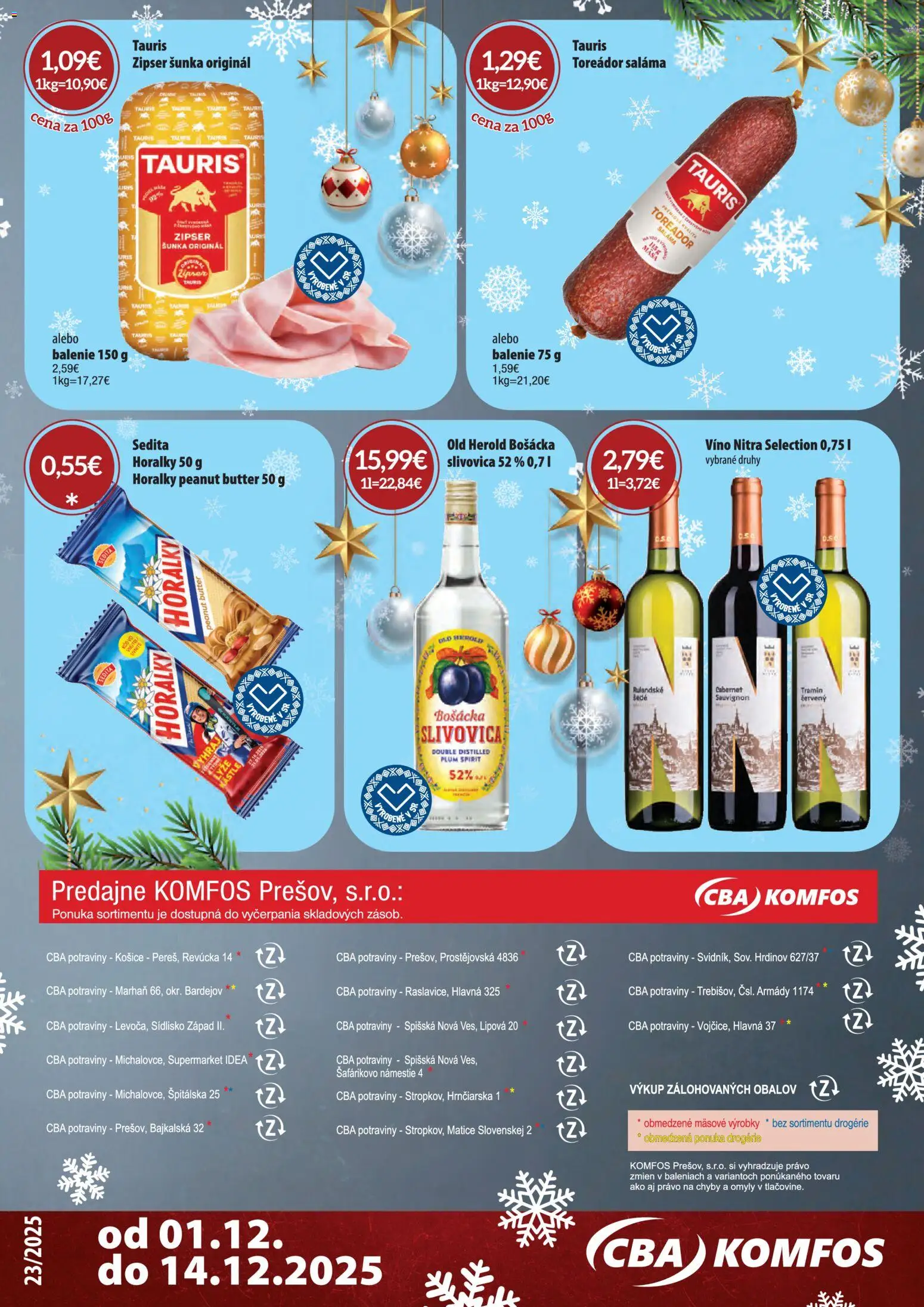 Nové CBA Komfos akcie – leták je platný od 01.12.2025 | Strana: 26 | Produkty: Saláma, Šunka, Víno, Bošácka slivovica