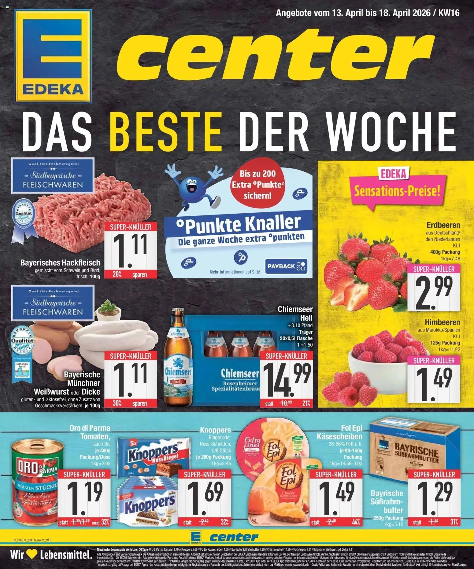 E center Prospekt Bayerisch Gmain  – gültig ab 13.04.2026 | Seite: 1 | Produkte: Himbeeren, Butter, Weißwurst, Knoppers
