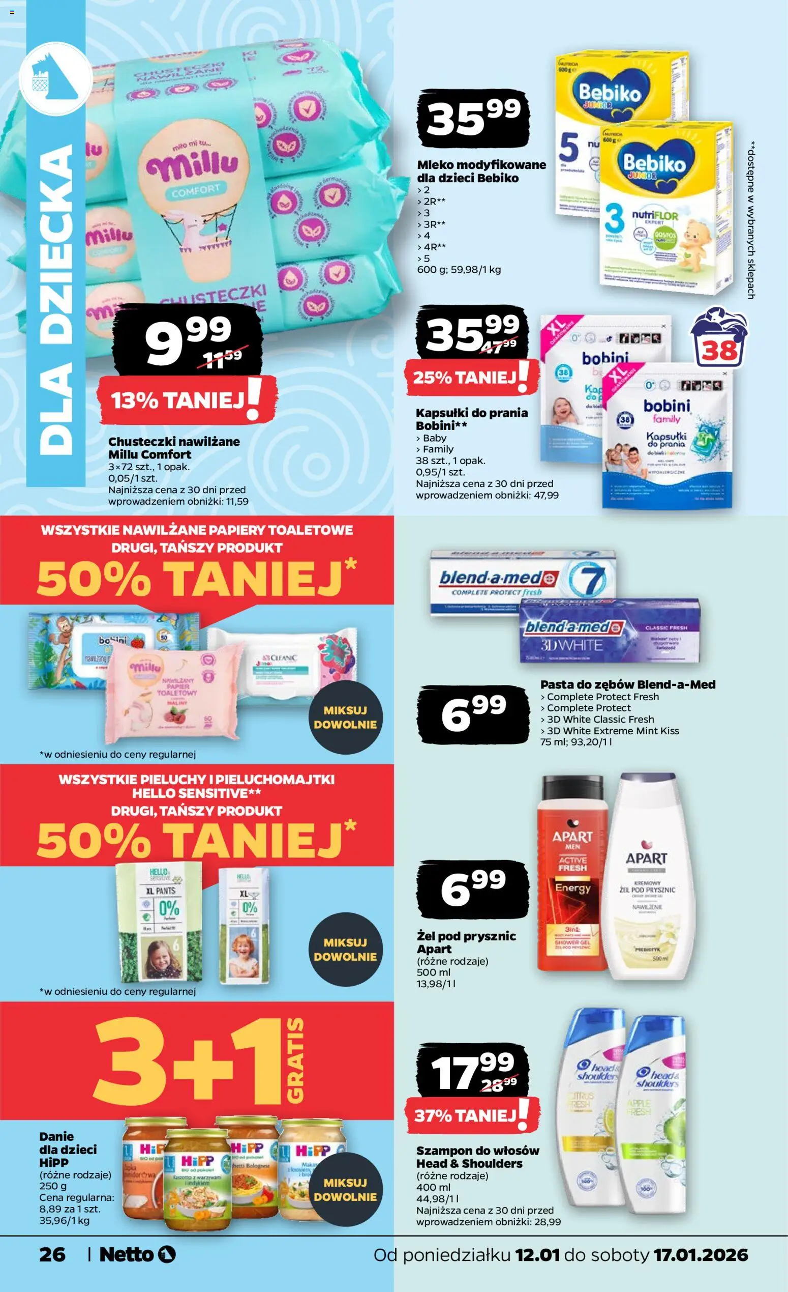 Netto gazetka - Spożywcza od 12.01.2026 | Strona: 26 | Produkty: Pieluchomajtki, Mleko, Żel pod prysznic, Pasta do zębów