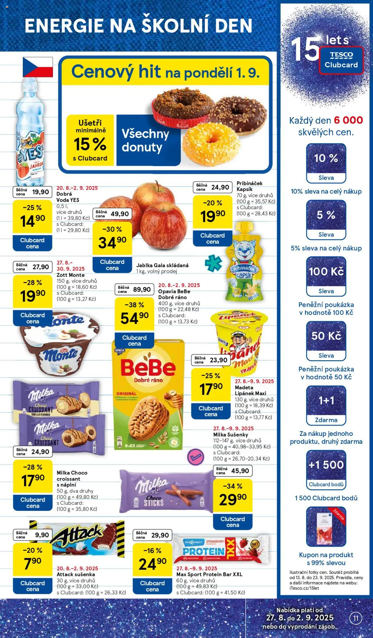Tesco leták - Hypermarket od 27.08.2025 | Strana: 11 | Produkty: Jablka Gala, Pribináček, Cookies, Protein bar