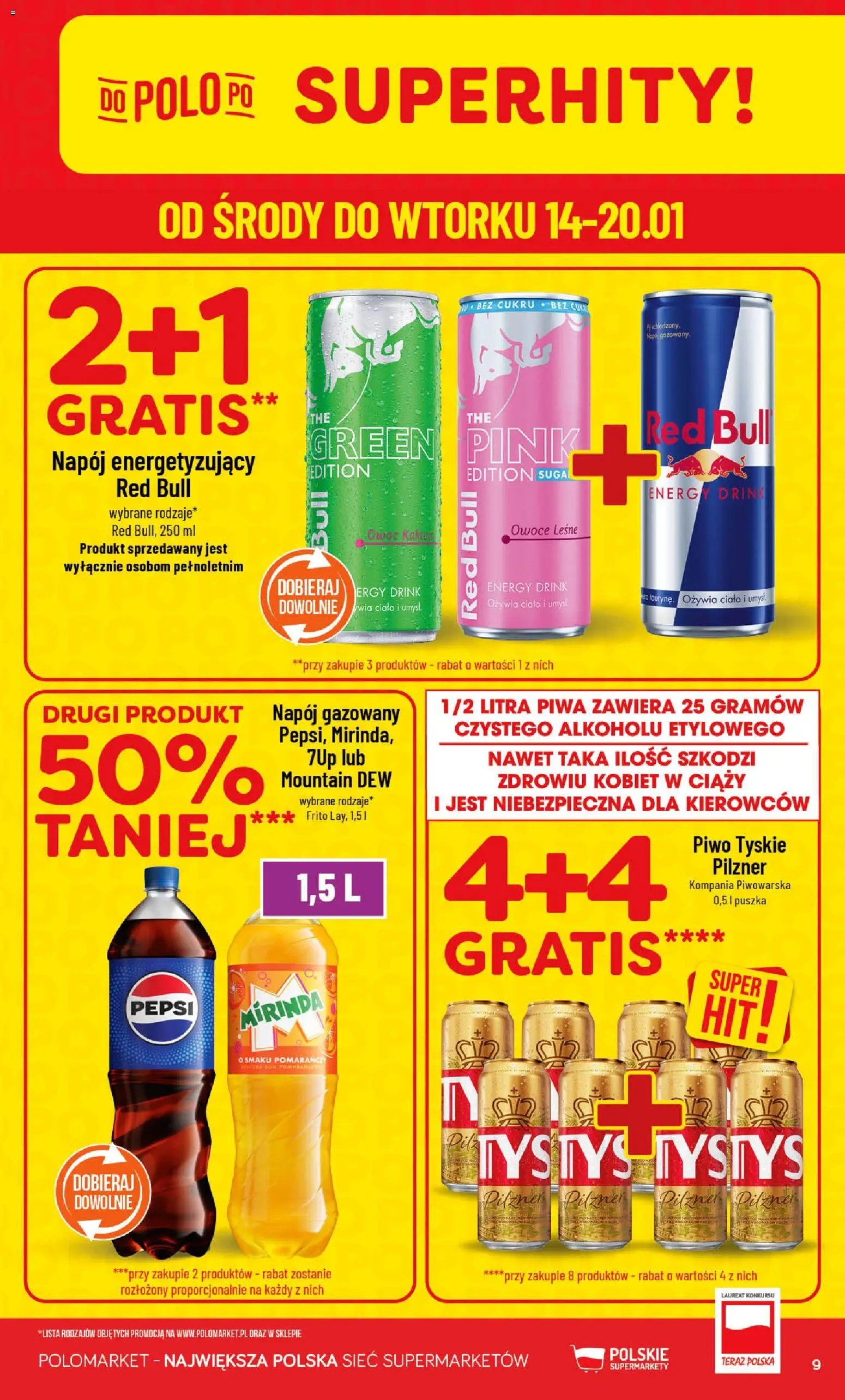 POLOmarket Gazetka od 14.01.2026 | Strona: 9 | Produkty: Red bull, Tyskie, Piwo, Owoce
