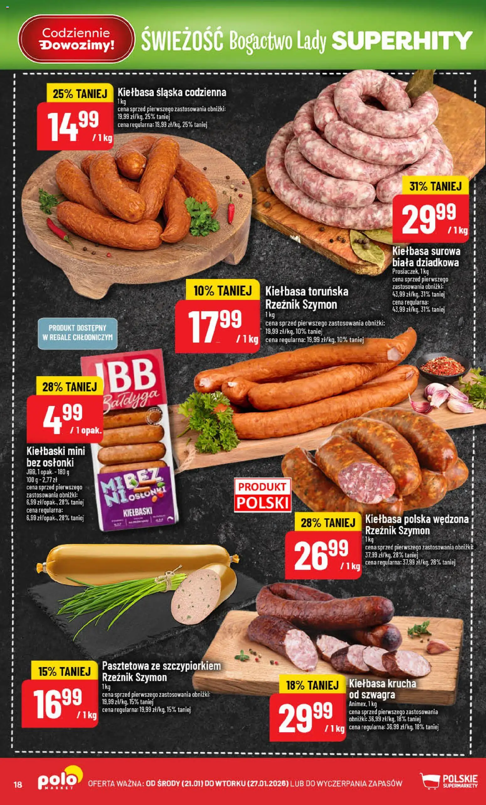 POLOmarket Gazetka od 21.01.2026 | Strona: 18 | Produkty: Kiełbasa, Kiełbaski, Kiełbasa śląska