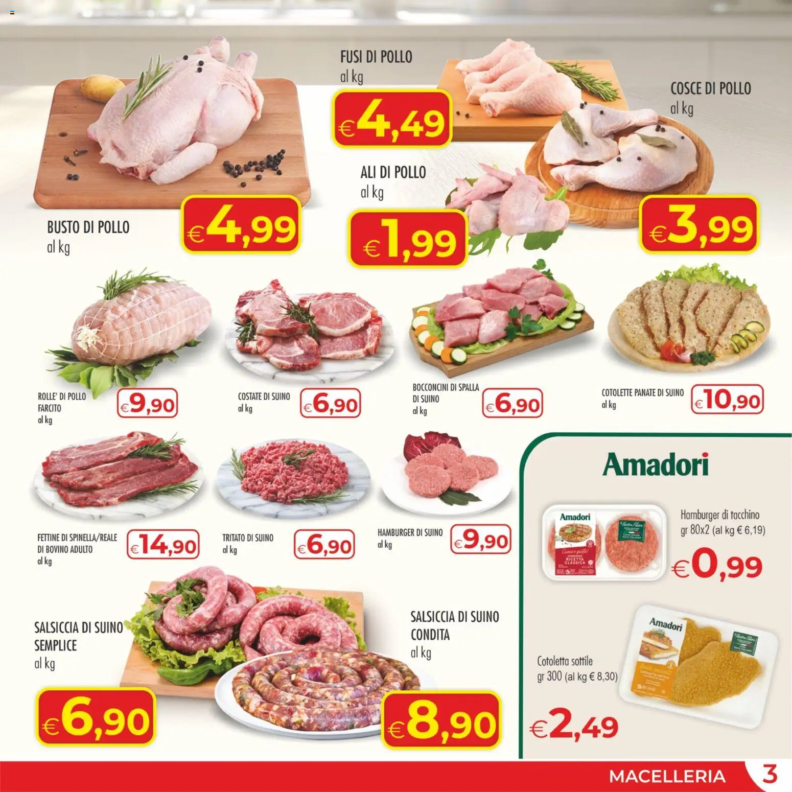 Volantino MerSi Supermercati del 04.03.2026 | Pagina: 3 | Prodotti: Pollo, Salsiccia, Hamburger, Cosce di pollo