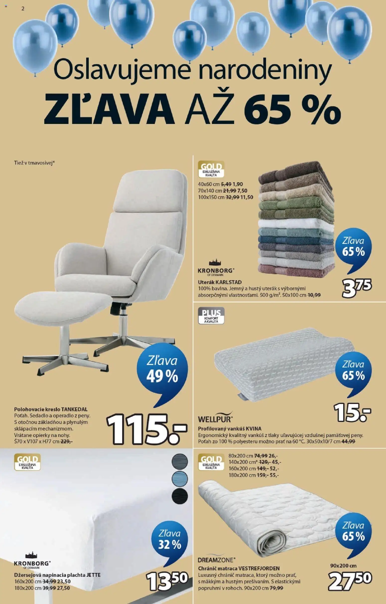 Nové JYSK akcie – leták je platný od 09.03.2026 | Strana: 2 | Produkty: Plachta, Vankúš, Polohovacie kreslo