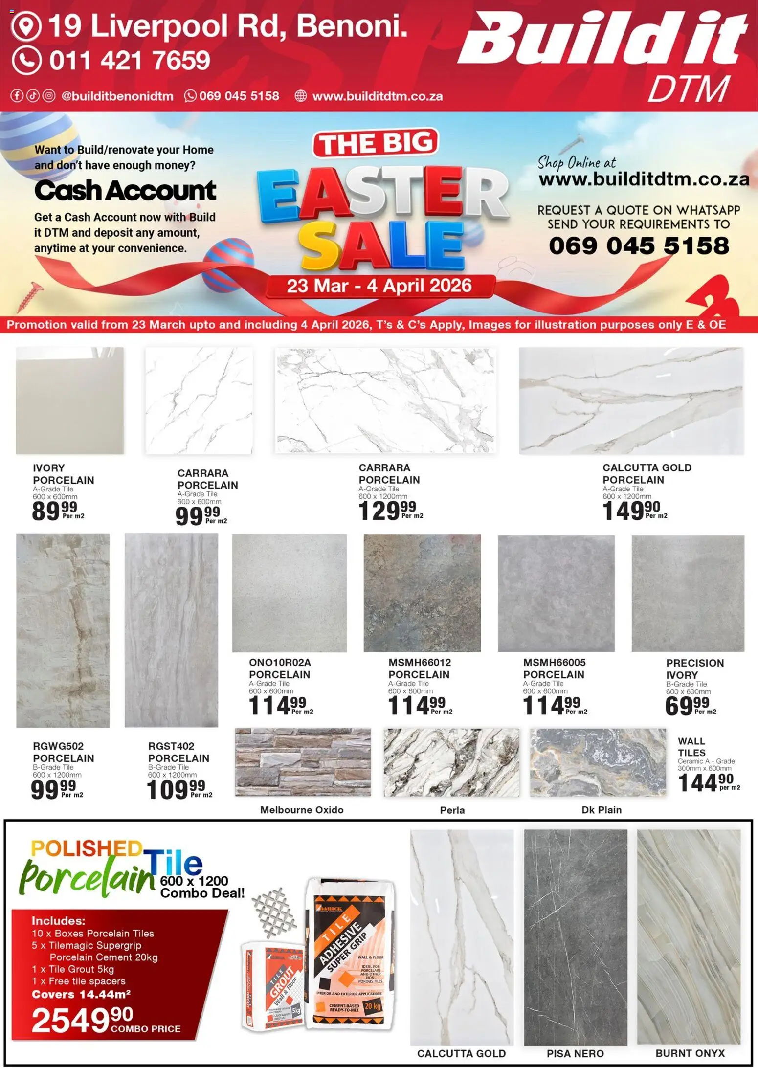 New Build It catalogue – valid from 23.03.2026 | Page: 2 | Products: Tile grout, Adhesive, Cement