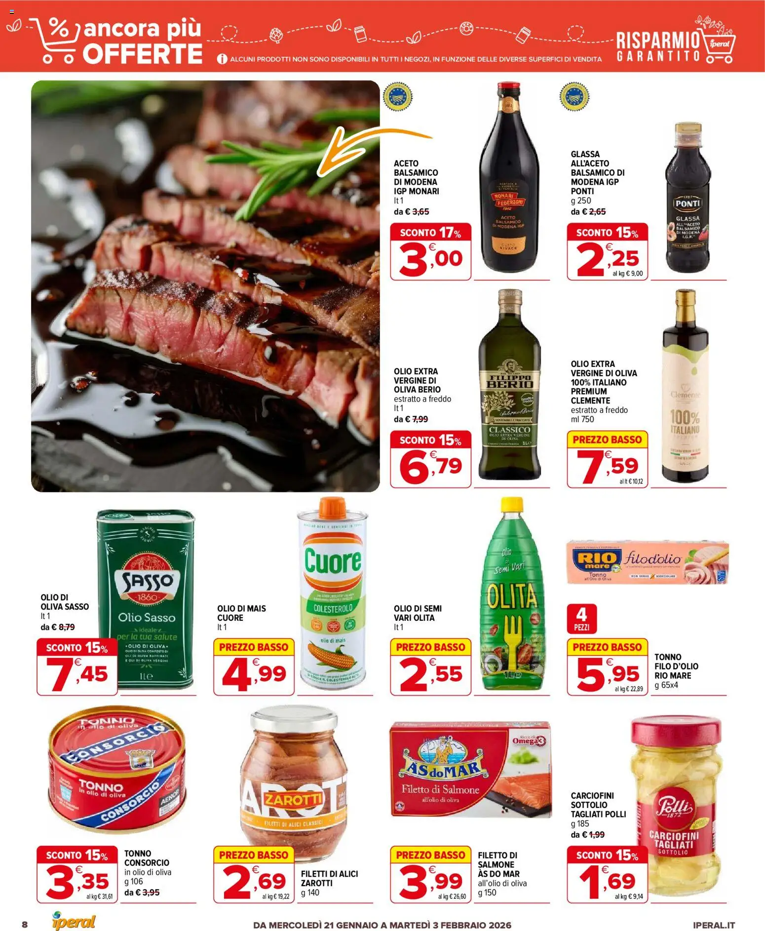 Volantino Iperal del 21.01.2026 | Pagina: 8 | Prodotti: Olio, Tonno, Olio extra vergine, Mais