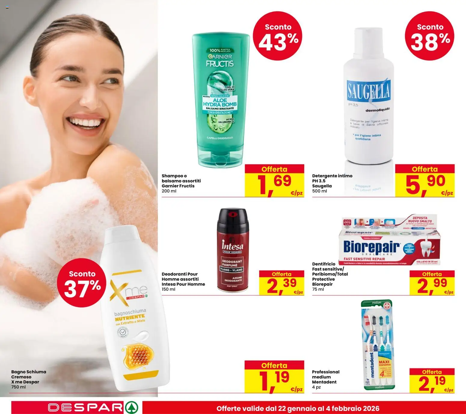 Volantino Despar del 22.01.2026 | Pagina: 22 | Prodotti: Balsamo, Deodorante, Detergente, Bagno