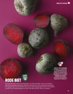 RODE BIET, Rode biet is rijk aan natuurlijke antioxidanten en vitamine B9, die de celdeling ondersteunt. Deze knolgroente is ook een bron van mangaan, dat helpt beschermen tegen oxidatieve stress, en kalium, dat bijdraagt aan een gezonde bloeddruk. Rode biet helpt daarnaast om de zuurtegraad van je gerechten uit te balanceren. - Voorbeeld van een folder van Delhaize, geldig van 23.01.2026 | Pagina: 17 | Producten: Cake, Wortelen