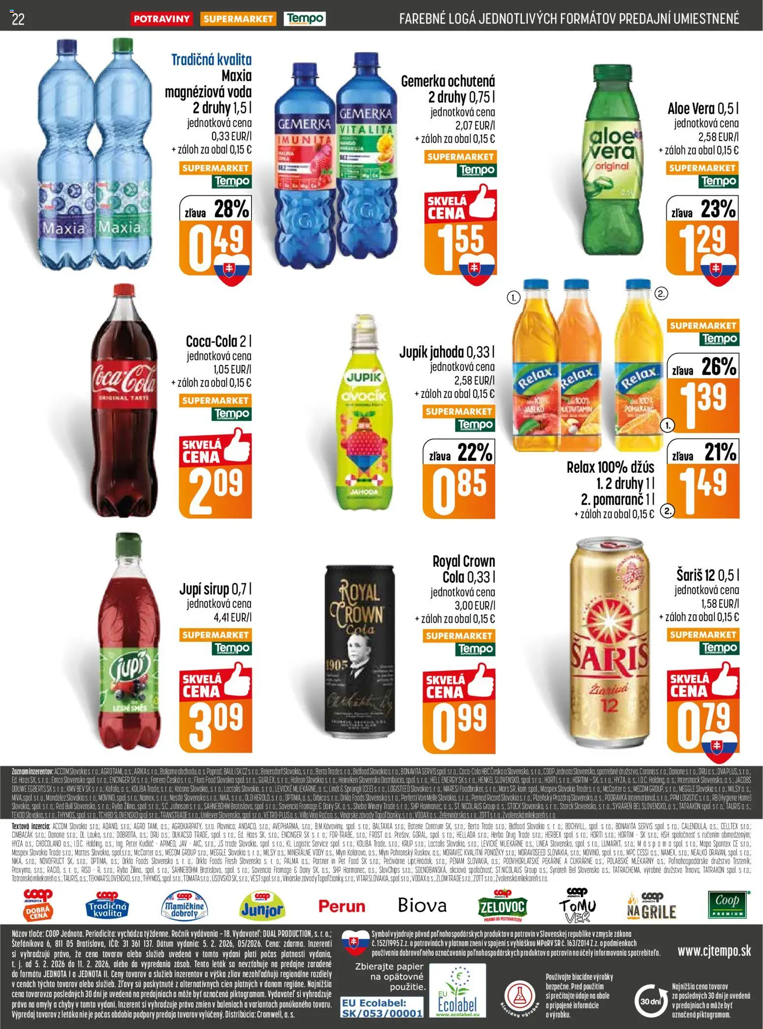 Nové COOP Jednota akcie – leták je platný od 05.02.2026 | Strana: 22 | Produkty: Džús, Šariš, Coca cola, Gemerka
