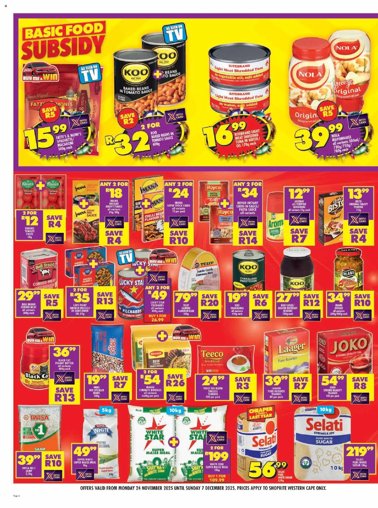 New Shoprite catalogue – valid from 24.11.2025 | Page: 4 | Products: Pilchards, Maize meal, Ham, Powder