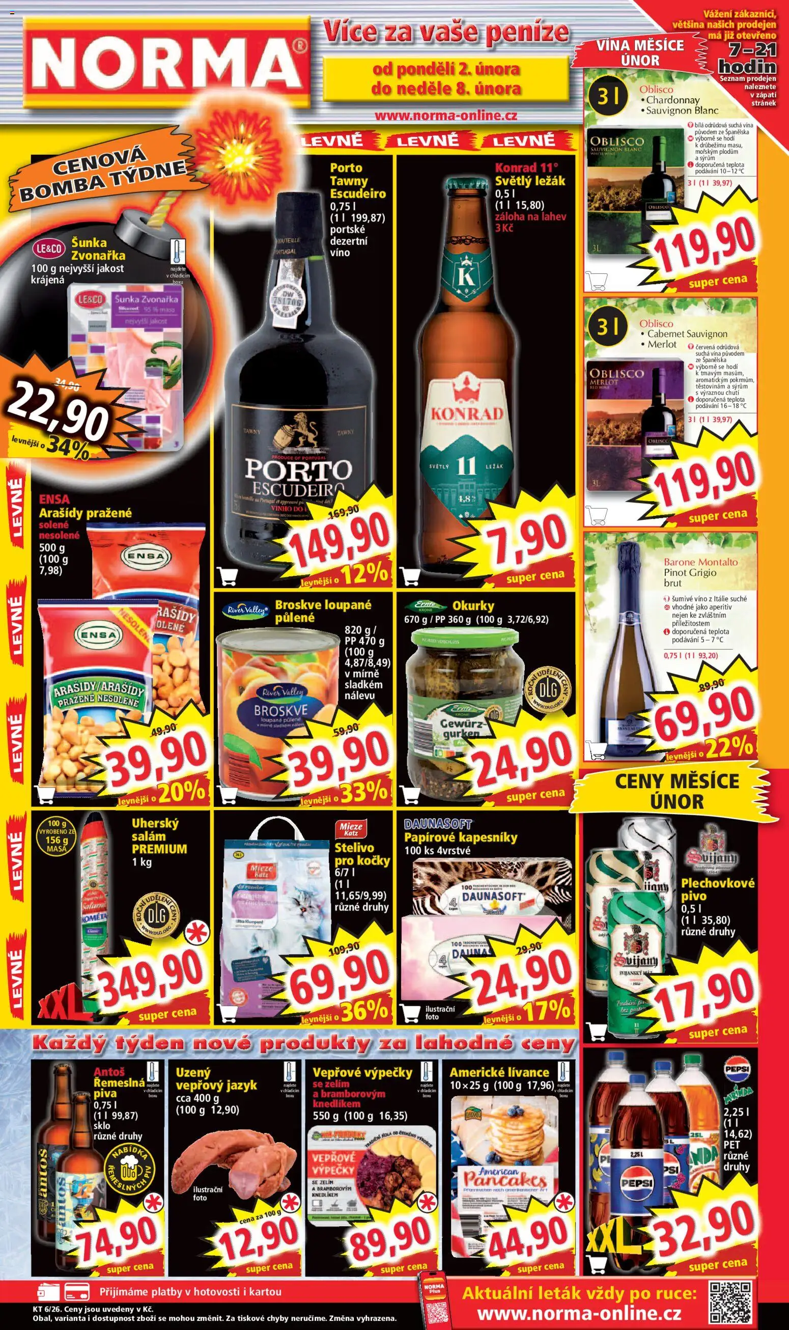 Norma leták od 01.02.2026 | Strana: 1 | Produkty: Pivo, Papírové kapesníky, Cabernet Sauvignon, Láhev