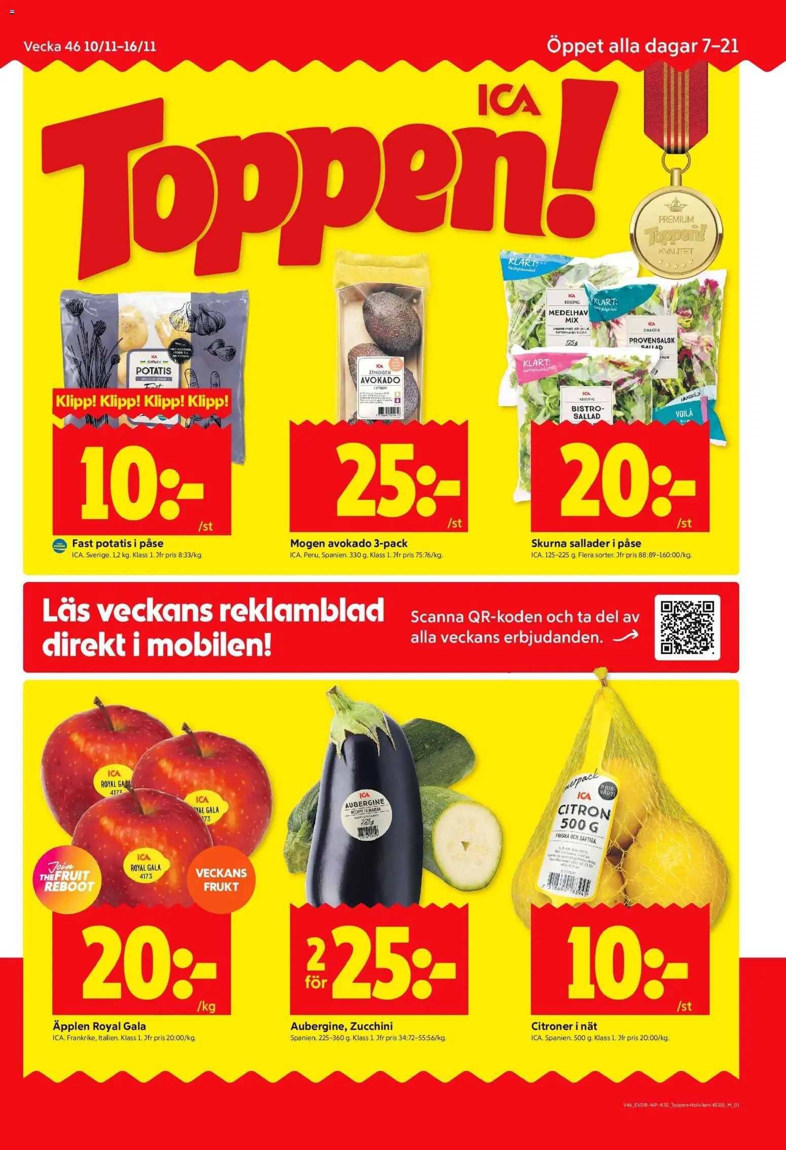 ICA Kvantum reklamblad aktuell från 10.11.2025 | Sida: 1 | Produkter: Potatis, Sallad, Aubergine, Zucchini