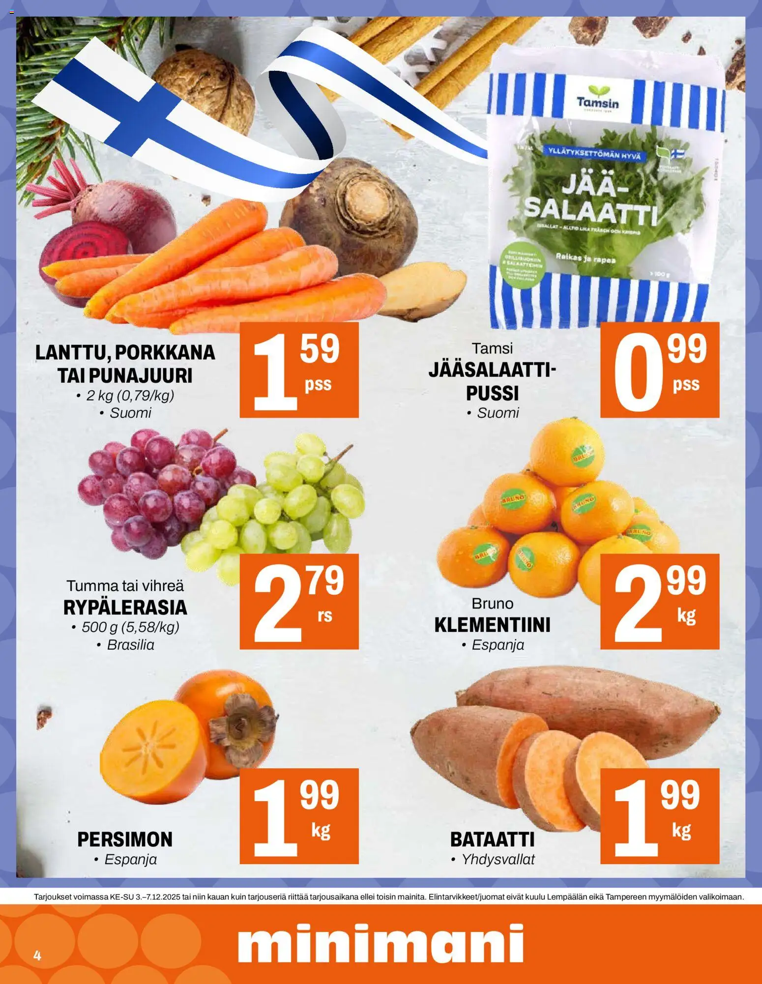 Minimani tarjoukset – voimassa 03.12.2025 alkaen | Sivu: 4 | Tuotteet: Bataatti, Porkkana, Salaatti, Punajuuri