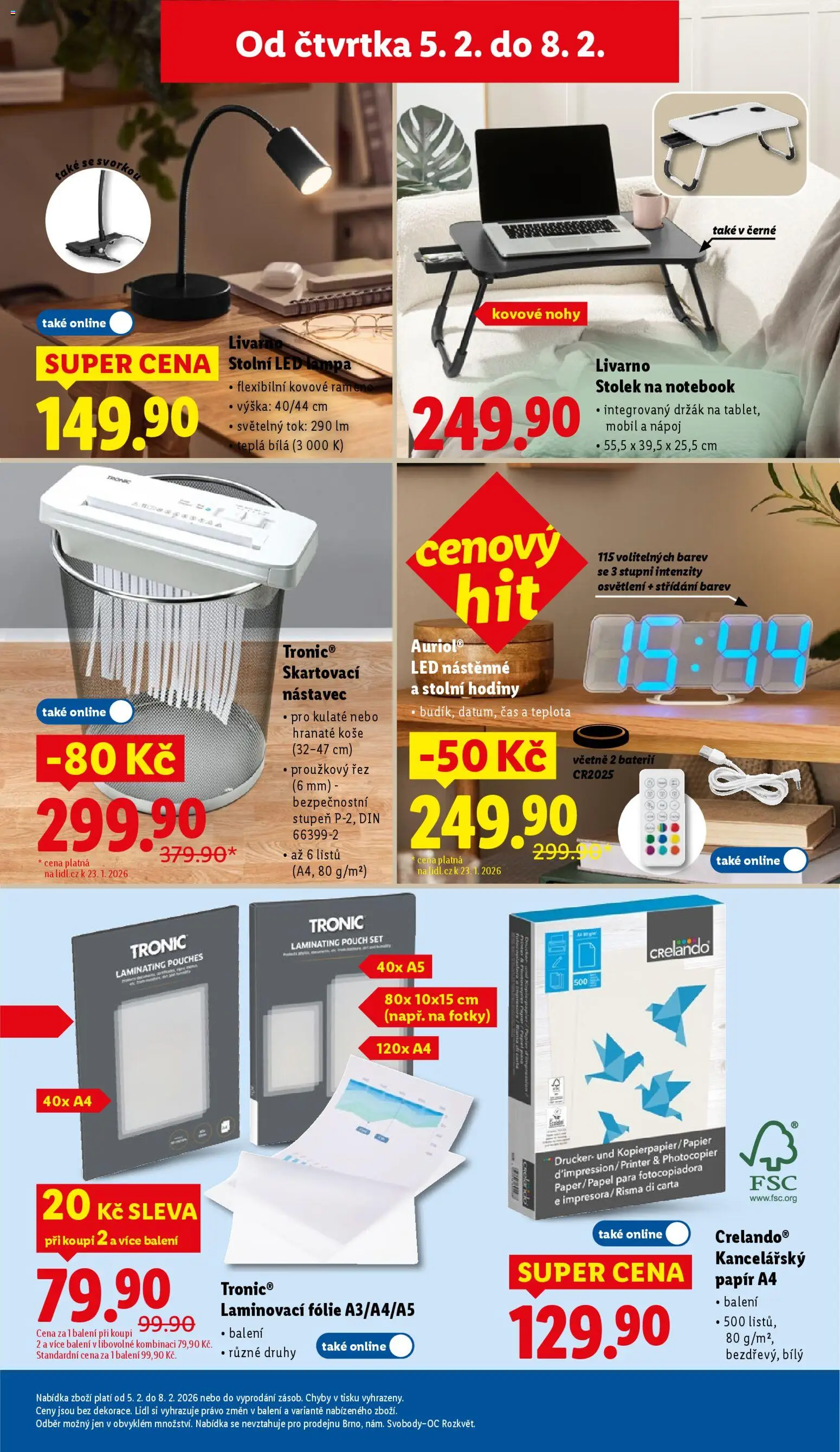 Lidl leták - Spotřební zboží od 02.02.2026 | Strana: 19 | Produkty: Laminovací folie, Hodiny, Kancelářský papír, Lampa