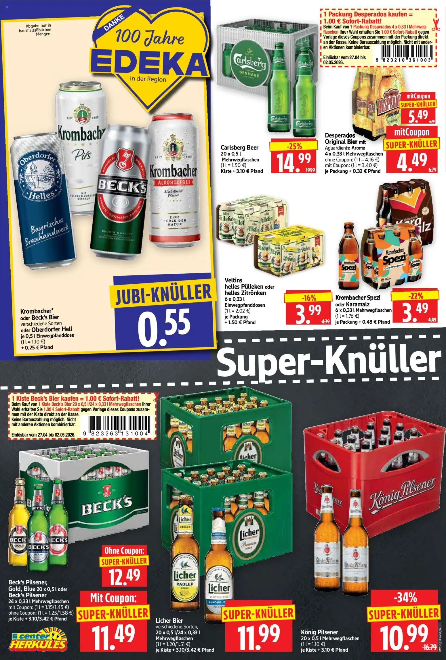 HERKULES Prospekt 	 – gültig ab 27.04.2026 | Seite: 16 | Produkte: Helles pulleken, Konig pilsener, Bier, Krombacher