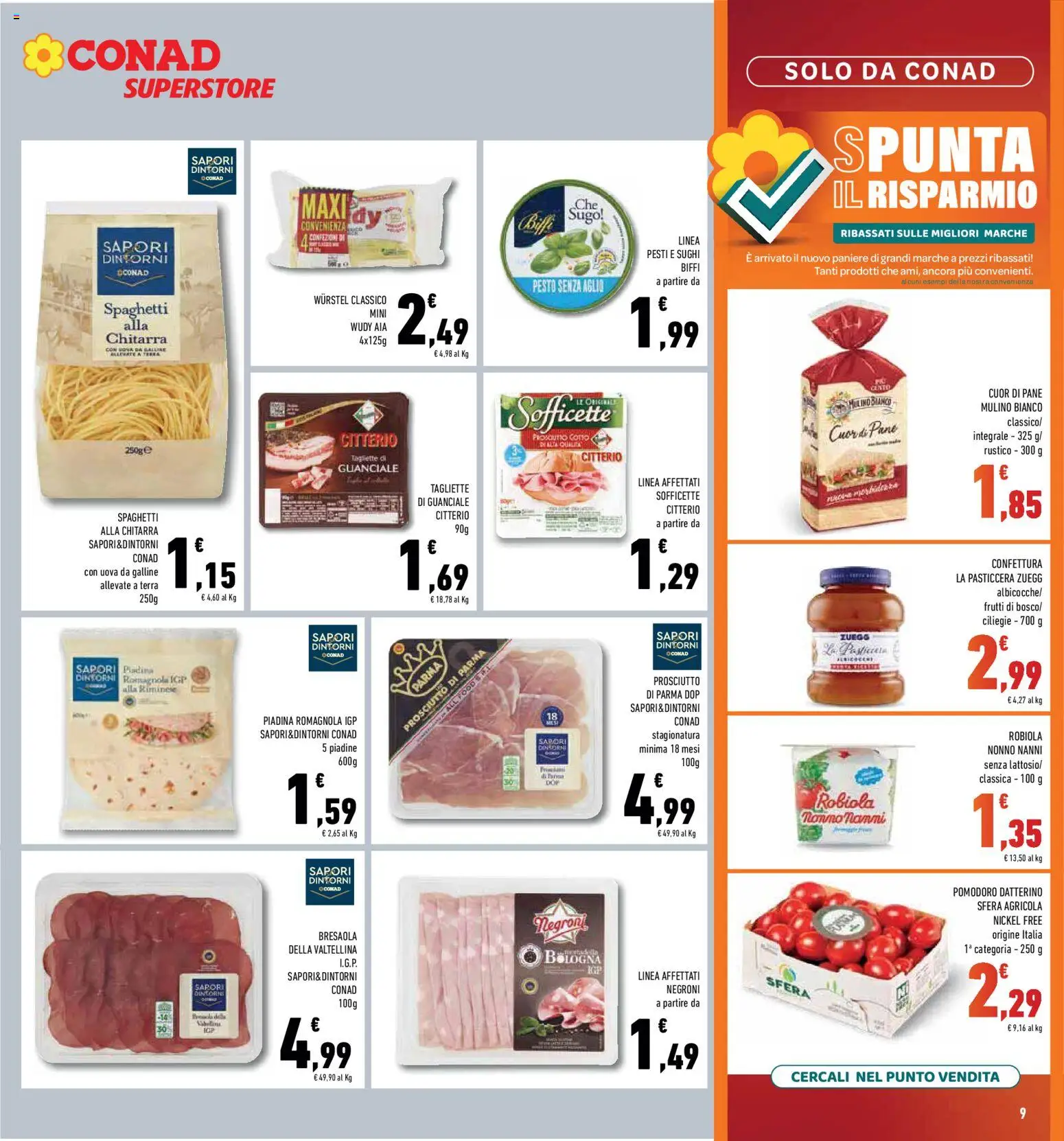 Volantino Conad del 08.04.2026 | Pagina: 9 | Prodotti: Prosciutto Cotto, Wurstel, Albicocche, Guanciale