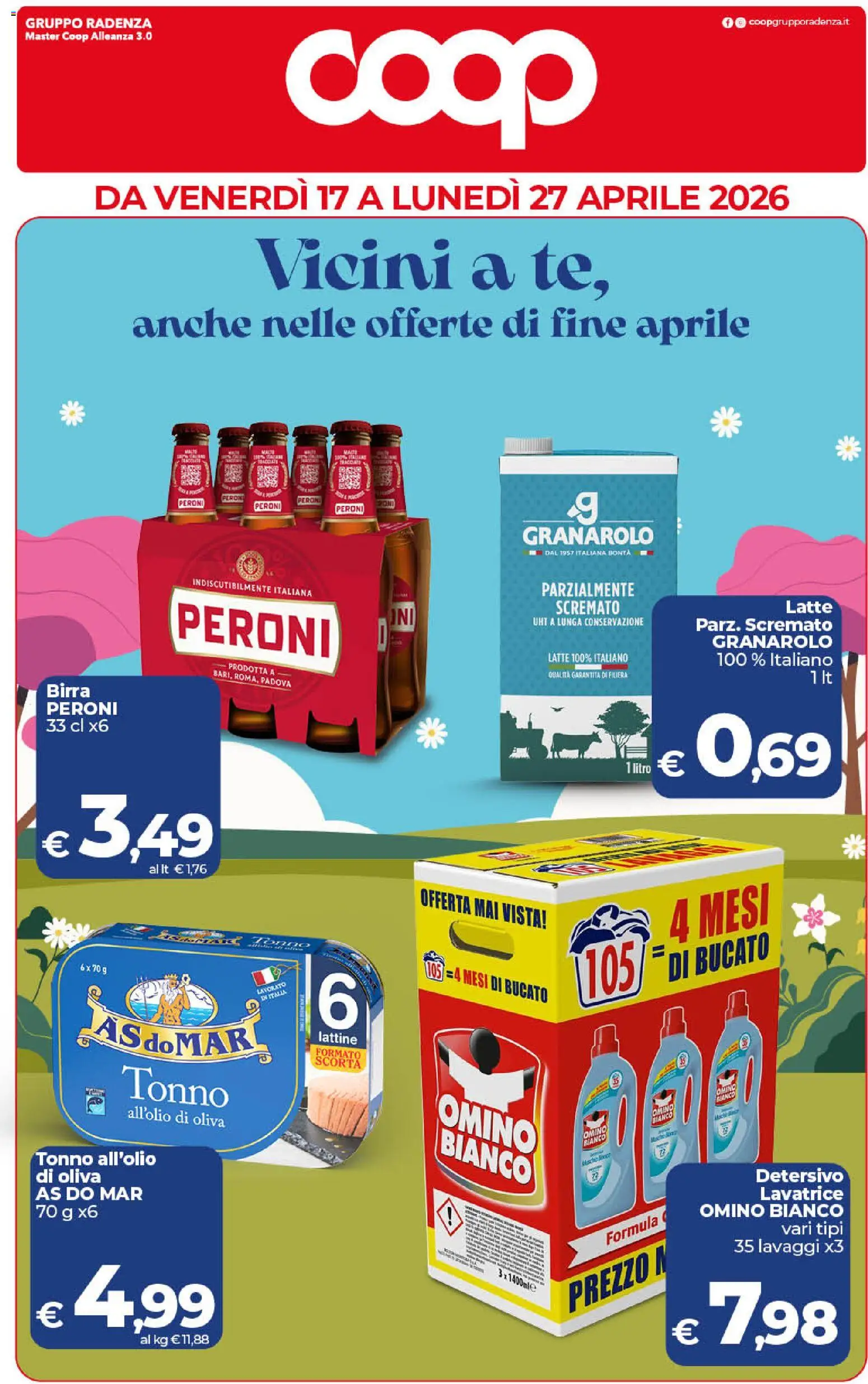 Volantino COOP del 17.04.2026 | Pagina: 1 | Prodotti: Birra, Latte, Lavatrice, Tonno