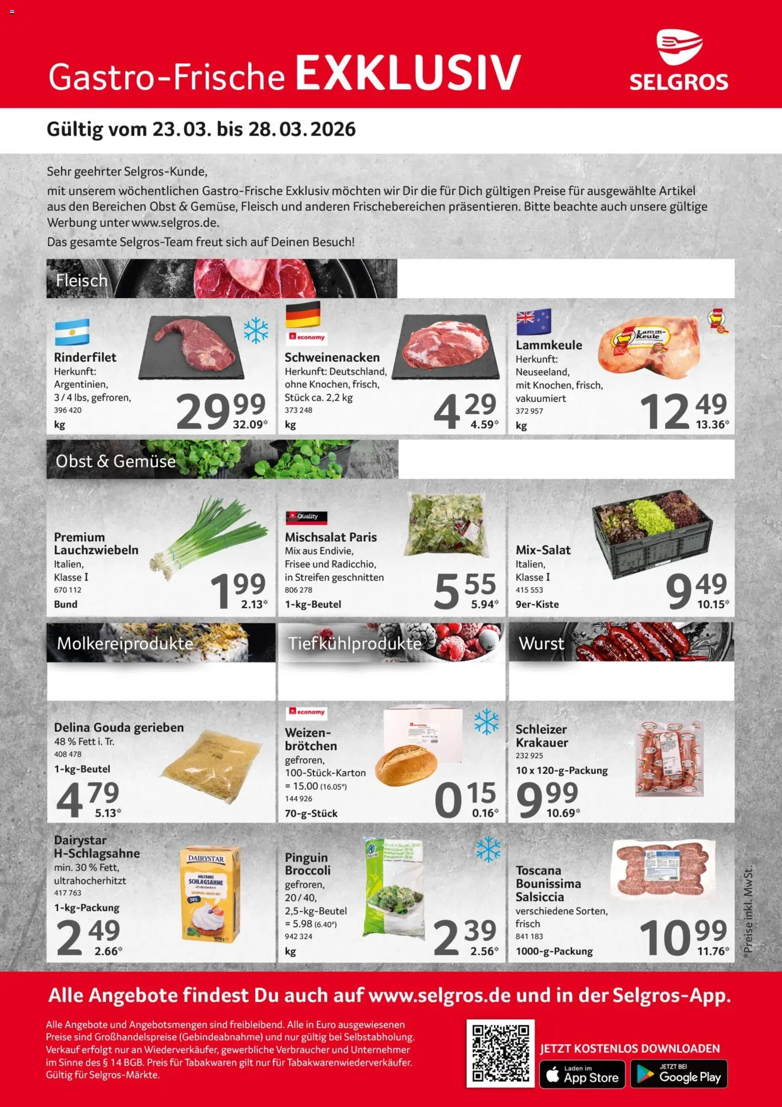 Selgros Gastro Angebote – gültig ab 23.03.2026 | Seite: 1 | Produkte: Lammkeule, Gouda, Gemüse, Wurst