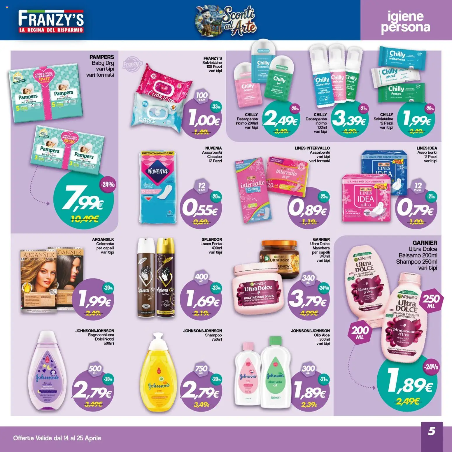 Volantino Franzy's del 14.04.2026 | Pagina: 5 | Prodotti: Maschera, Detergente intimo, Pampers, Aloe vera