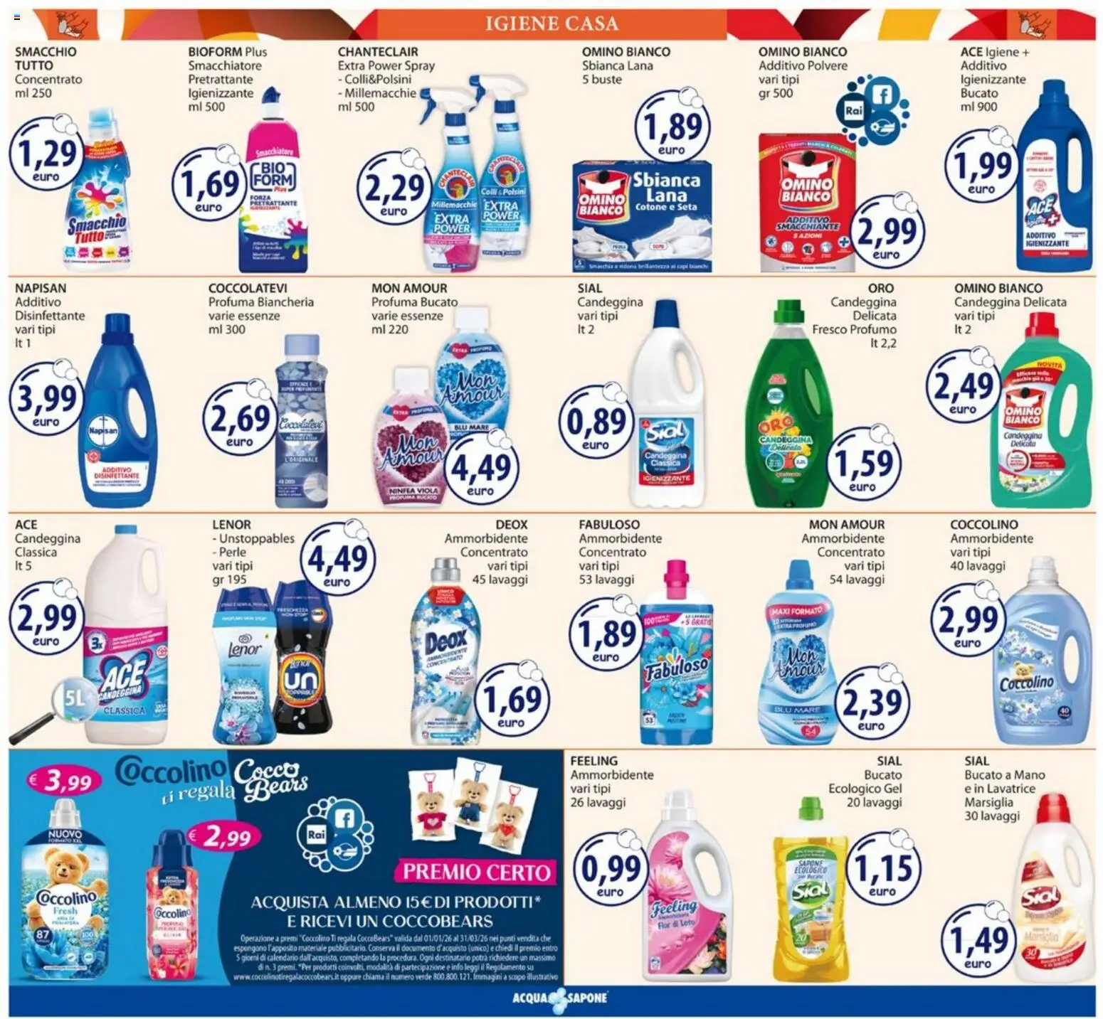 Volantino Acqua e Sapone del 12.01.2026 | Pagina: 19 | Prodotti: Sapone, Ammorbidente, Smacchiatore, Candeggina