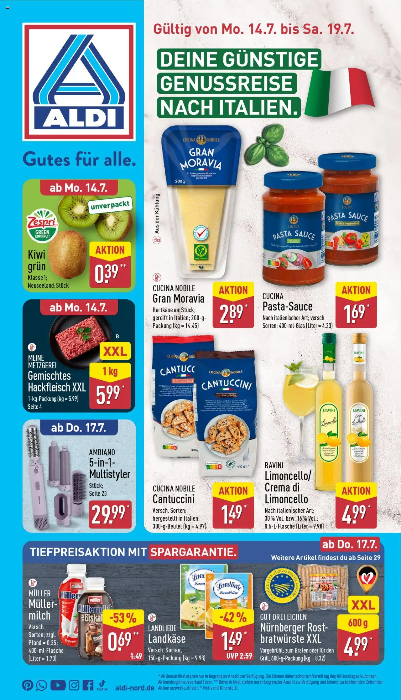 Aldi Prospekt 	 - gültig ab dem 14.07.2025 | Seite: 1 | Produkte: Milch, Pasta, Kiwi, Hackfleisch