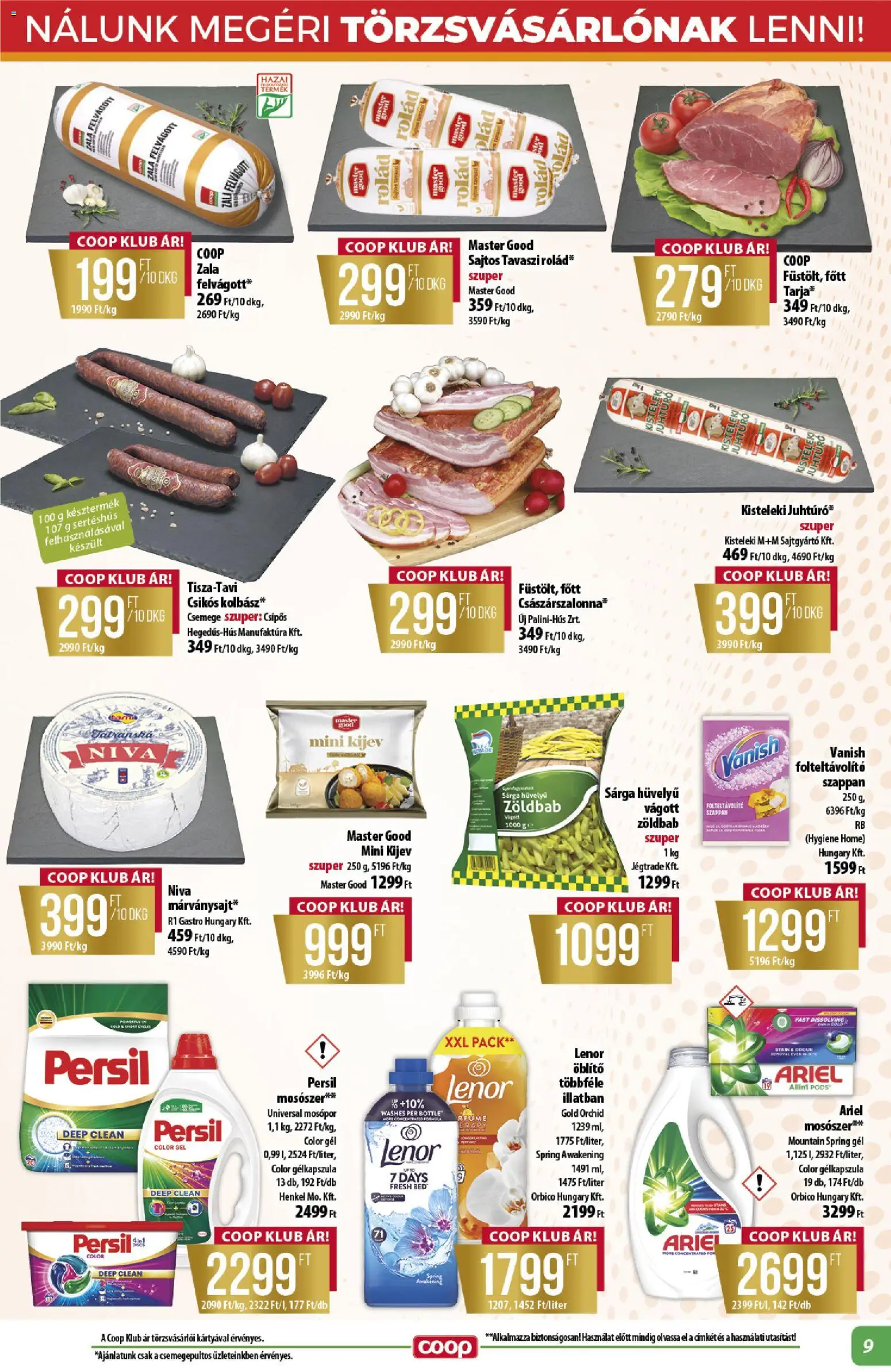 COOP akciós ujság - amely érvényes a következő dátumtól: 23.04.2026 | Oldal: 9 | Termékek: Persil, Császárszalonna, Szappan, Zöldbab