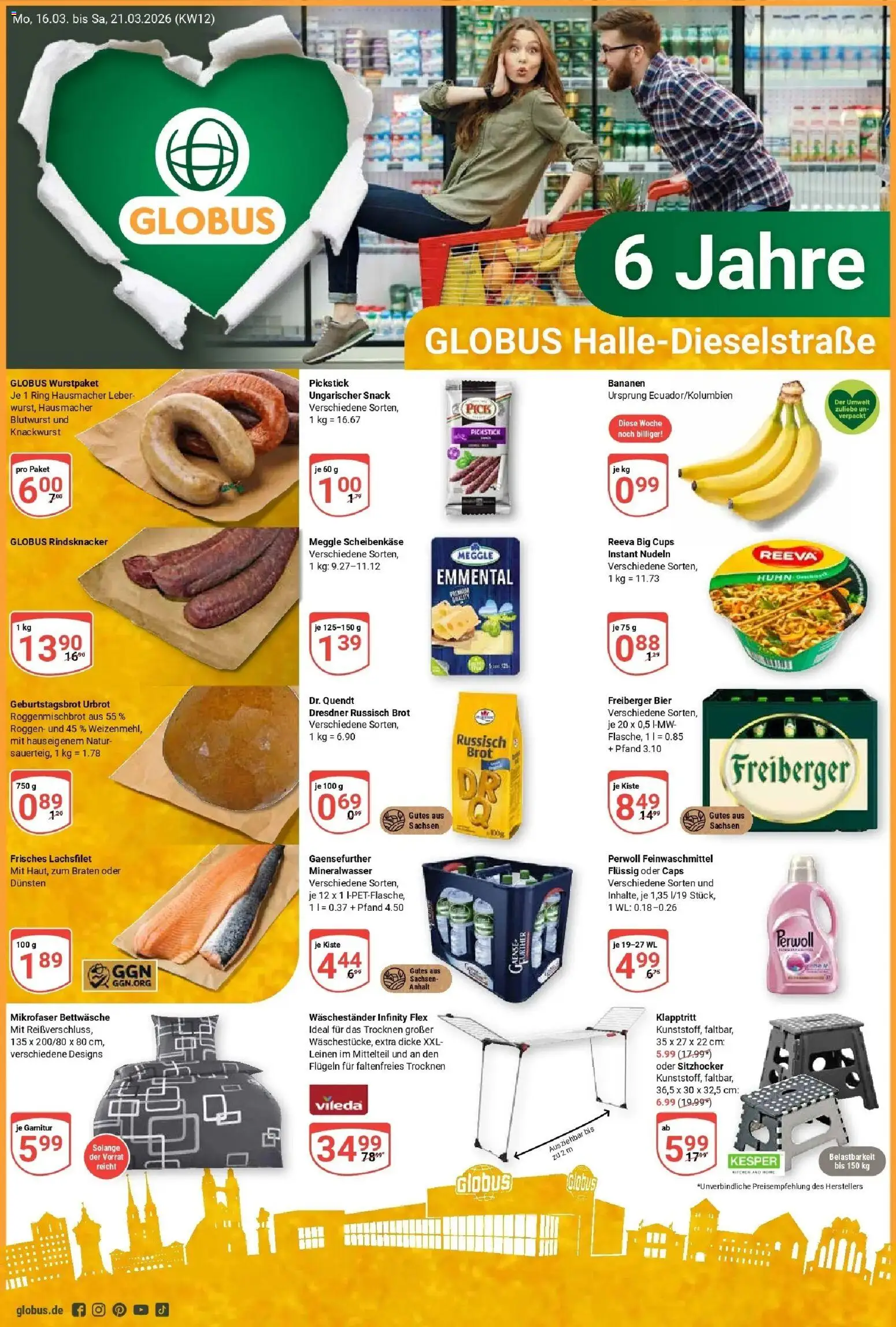 Globus prospekt Halle (saale)	 – gültig ab 15.03.2026 | Seite: 1 | Produkte: Bettwäsche, Bananen, Perwoll, Nudeln