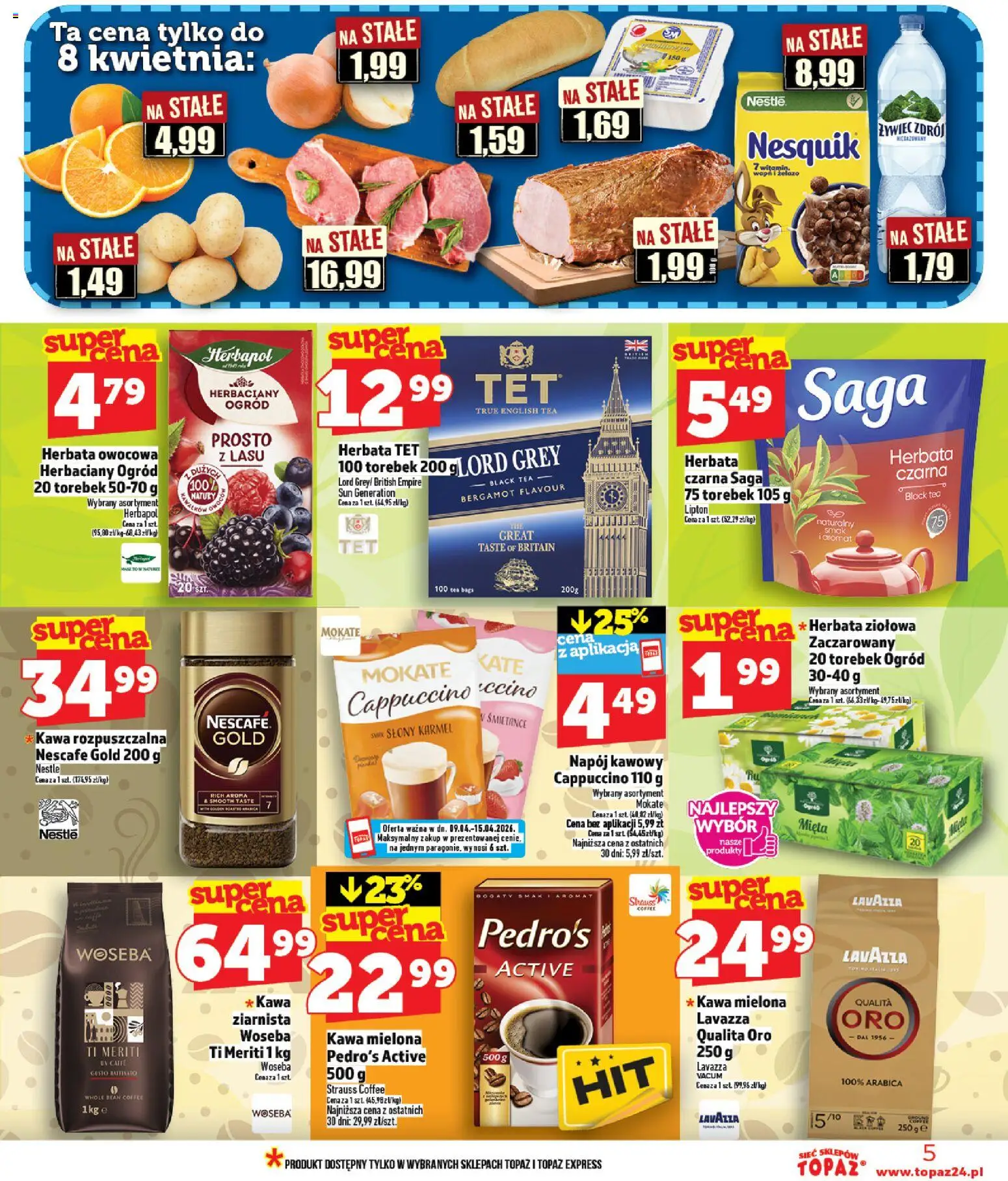 Topaz gazetka - Ceny małe na stałe od 09.04.2026 | Strona: 5 | Produkty: Nescafe, Kawa rozpuszczalna, Lavazza, Kawa