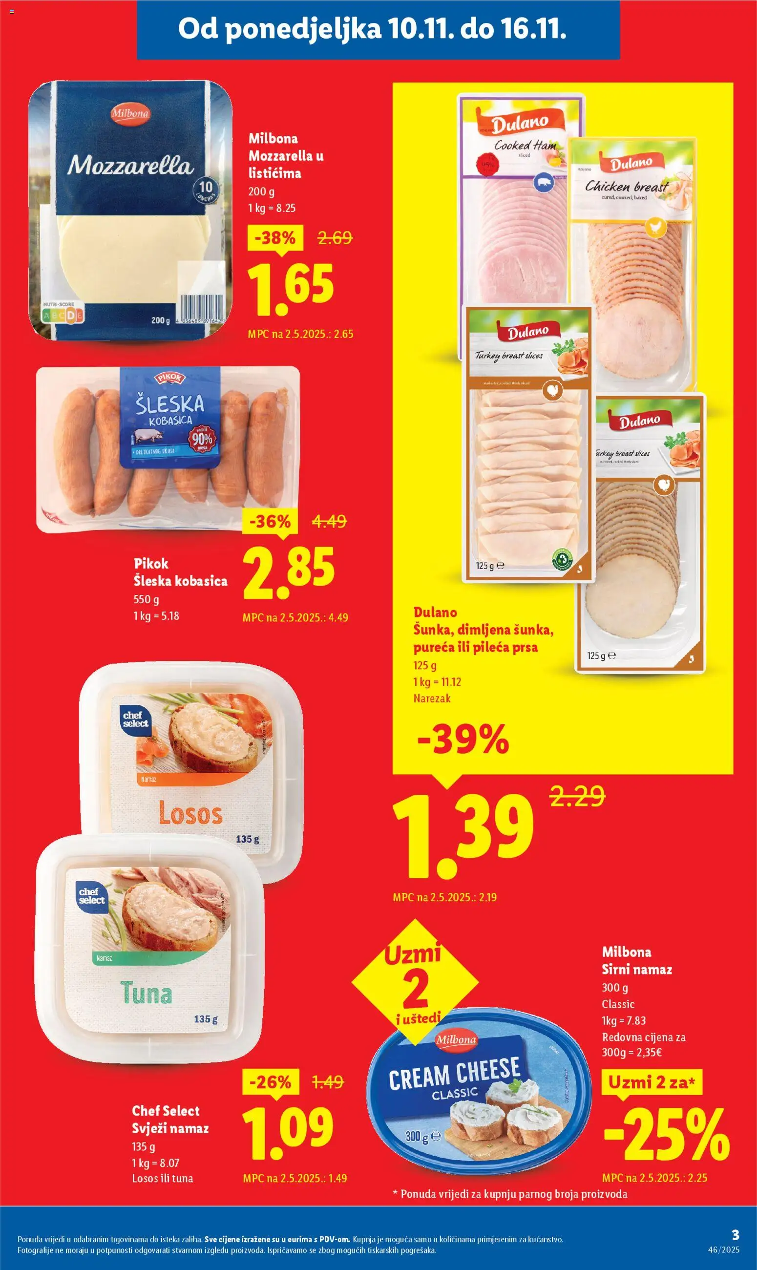 Lidl katalog | vrijedi od 10.11.2025 | Stranica: 3 | Proizvodi: Mozzarella, Narezak, Pileća prsa, Namaz