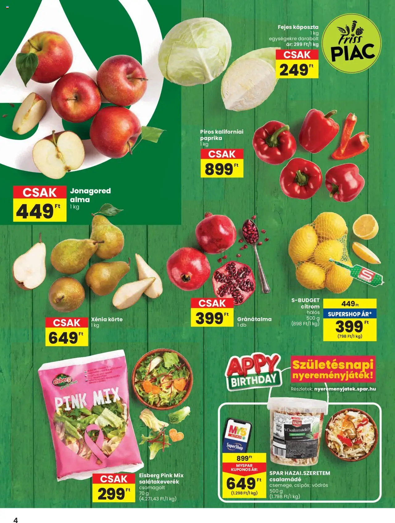 Spar akciós ujság - amely érvényes a következő dátumtól: 16.10.2025 | Oldal: 4 | Termékek: Káposzta, Gránátalma, Alma, Kaliforniai paprika