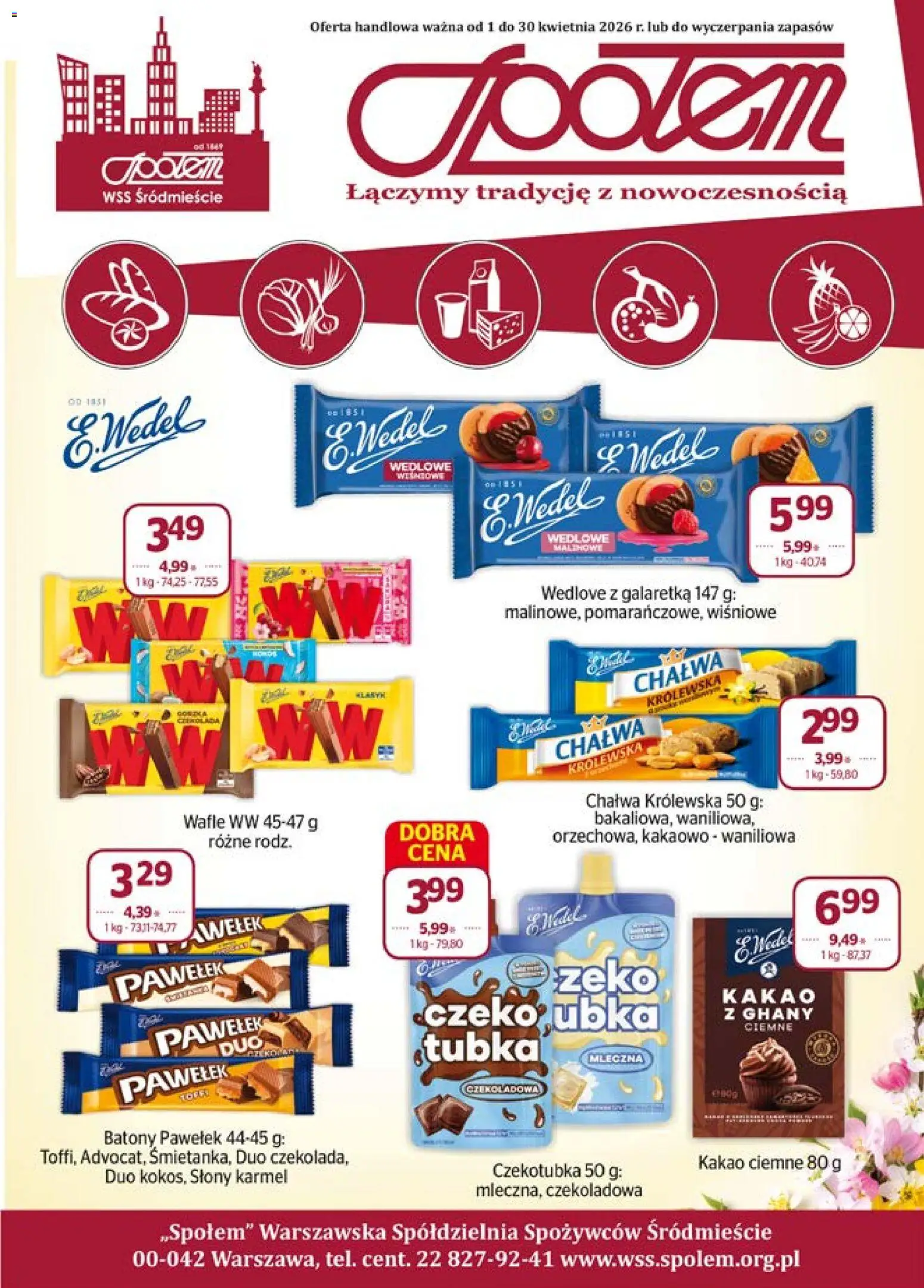 Społem gazetka od 01.04.2026 | Strona: 1 | Produkty: Czekoladowa, Galaretka, Wafle, Kakao