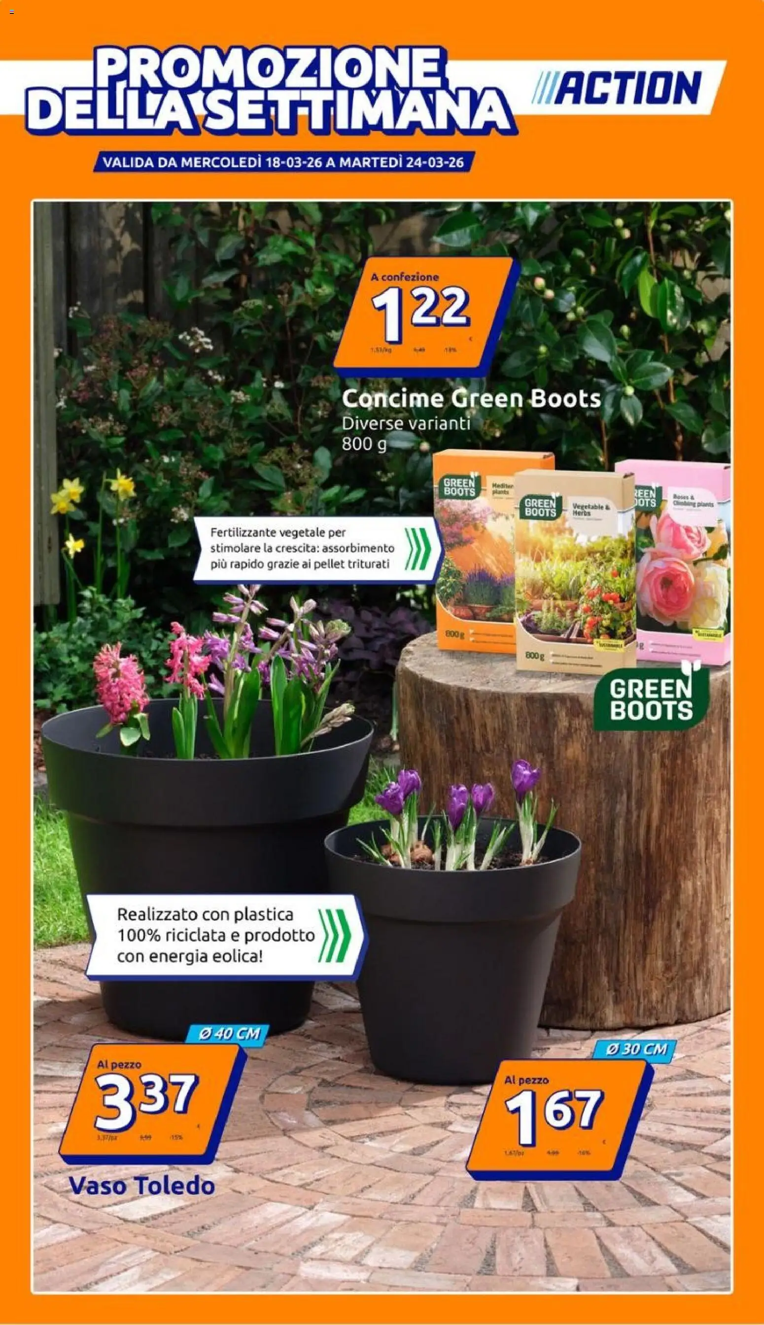 Volantino Action del 18.03.2026 | Pagina: 1 | Prodotti: Concime, Pellet, Vaso