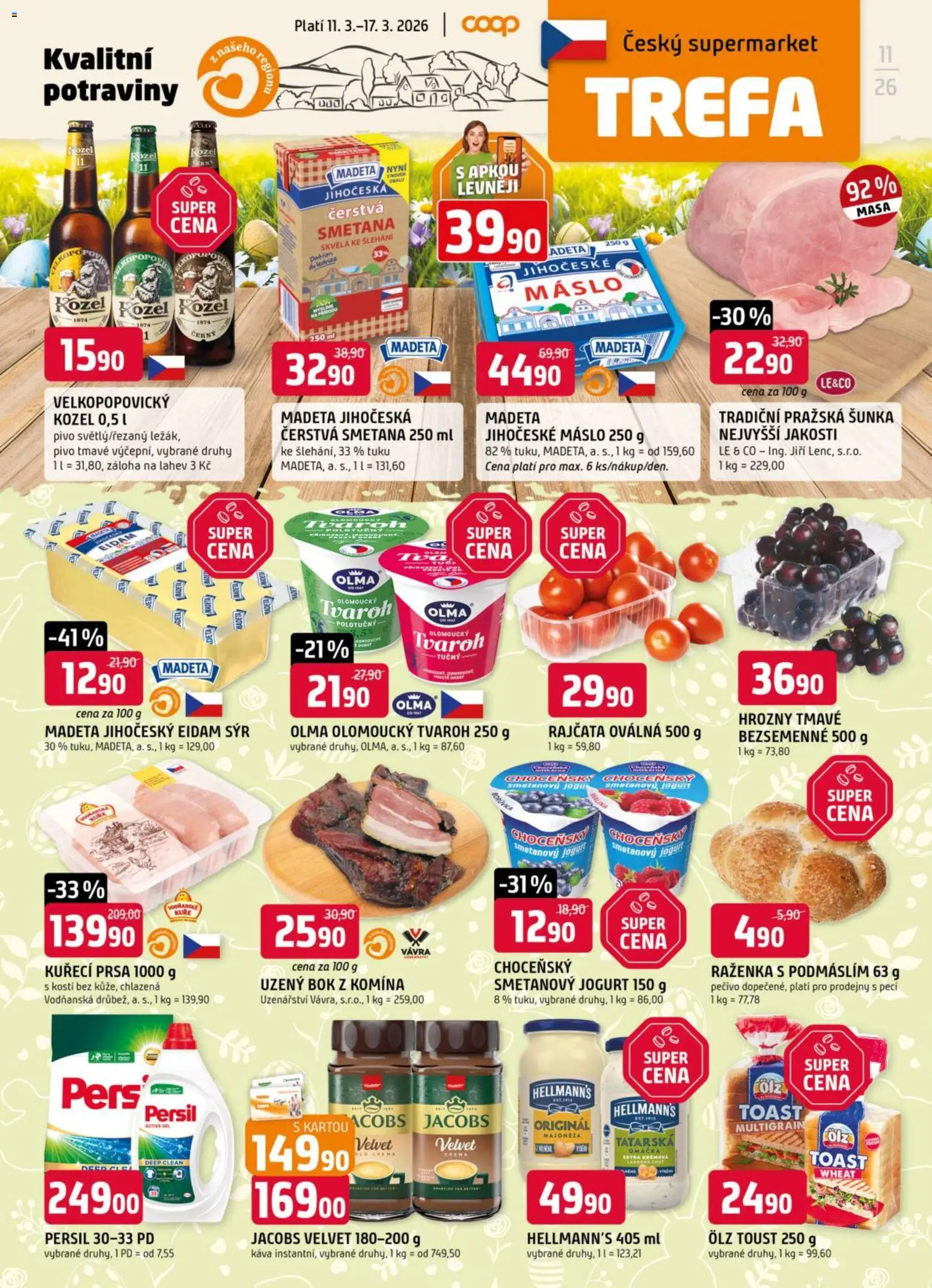 Trefa leták od 11.03.2026 | Strana: 1 | Produkty: Kuřecí prsa, Kozel, Velkopopovický Kozel, Láhev