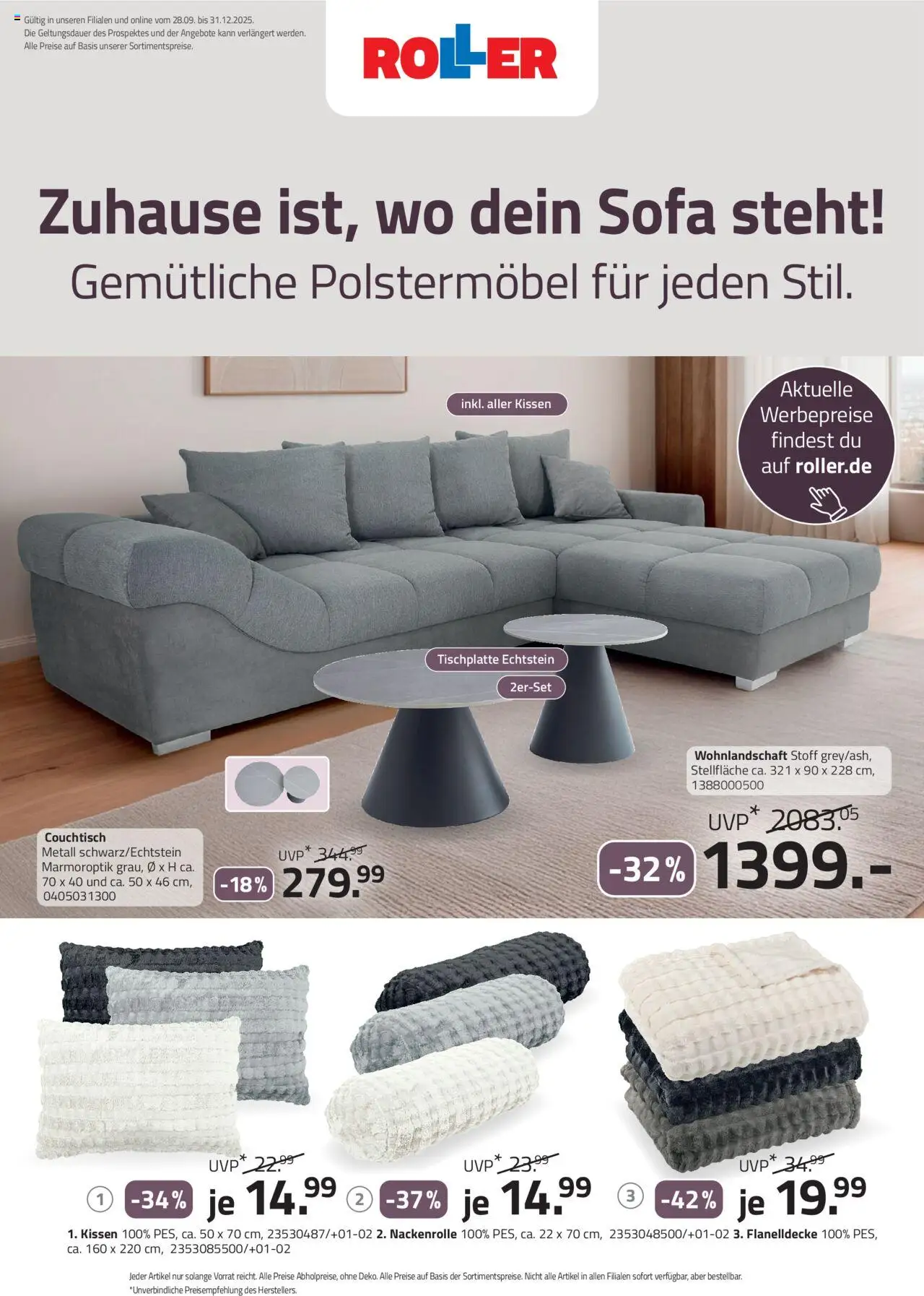 Roller Prospekt 	 – gültig ab 28.09.2025 | Seite: 1 | Produkte: Wohnlandschaft, Kissen, Sofa, Couchtisch
