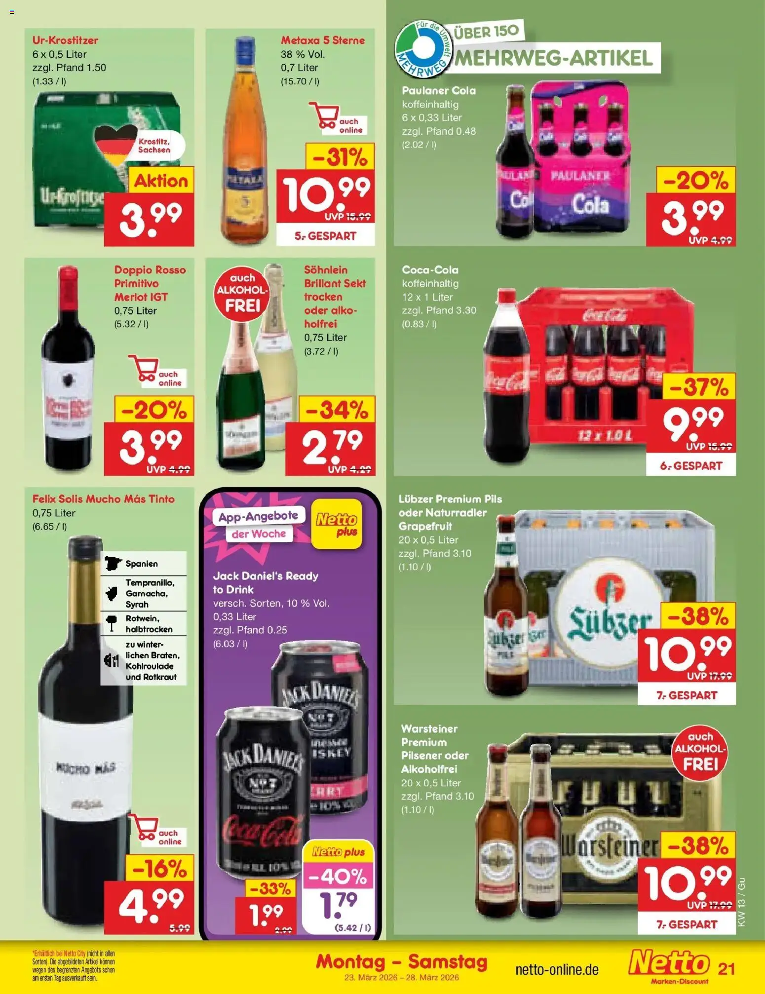 Netto Marken-Discount Prospekt Machern	 – gültig ab 23.03.2026 | Seite: 23 | Produkte: Cola, Merlot, Metaxa, Warsteiner