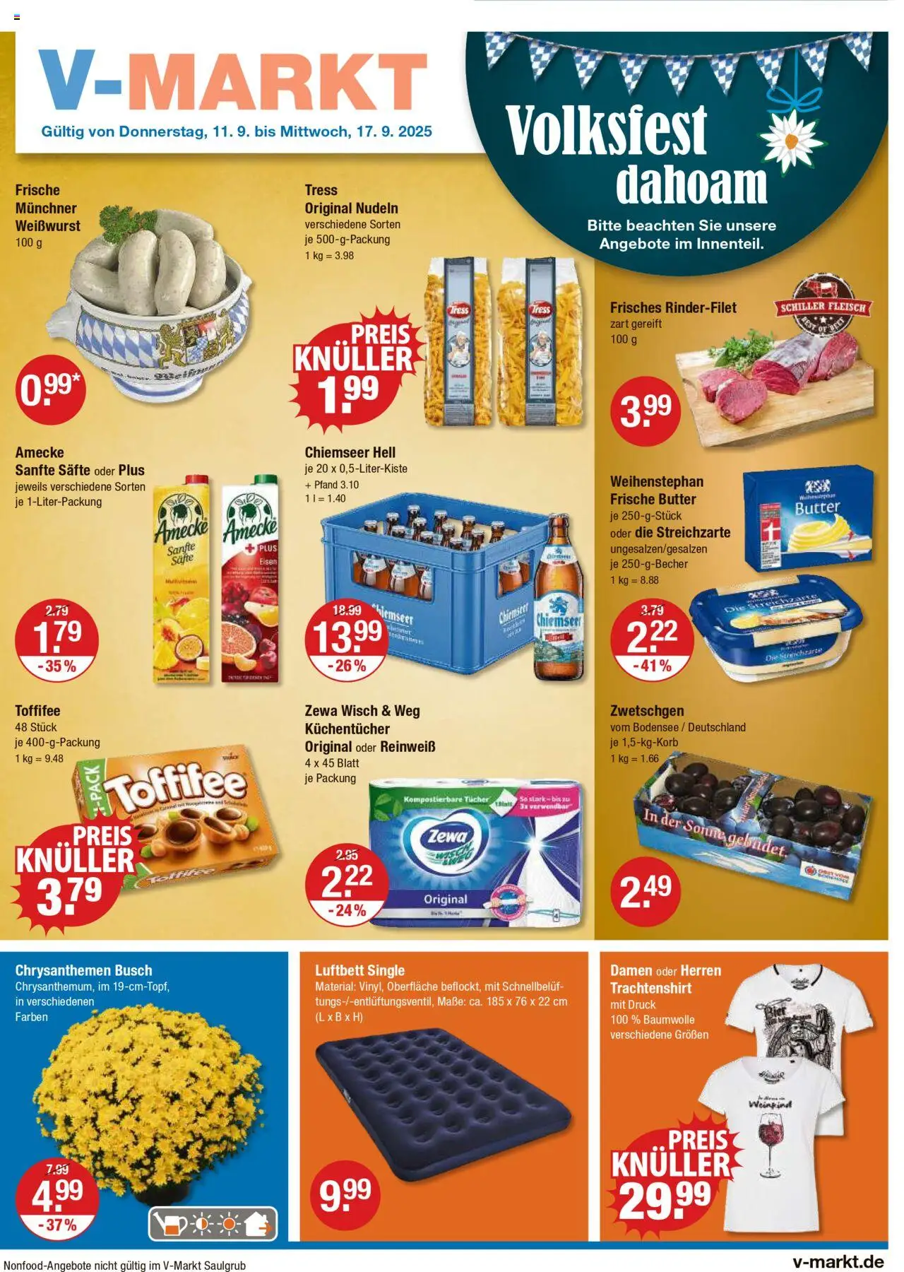 V-Markt - Oberbayern – gültig ab 11.09.2025 | Seite: 1 | Produkte: Butter, Zwetschgen, Toffifee, Nudeln