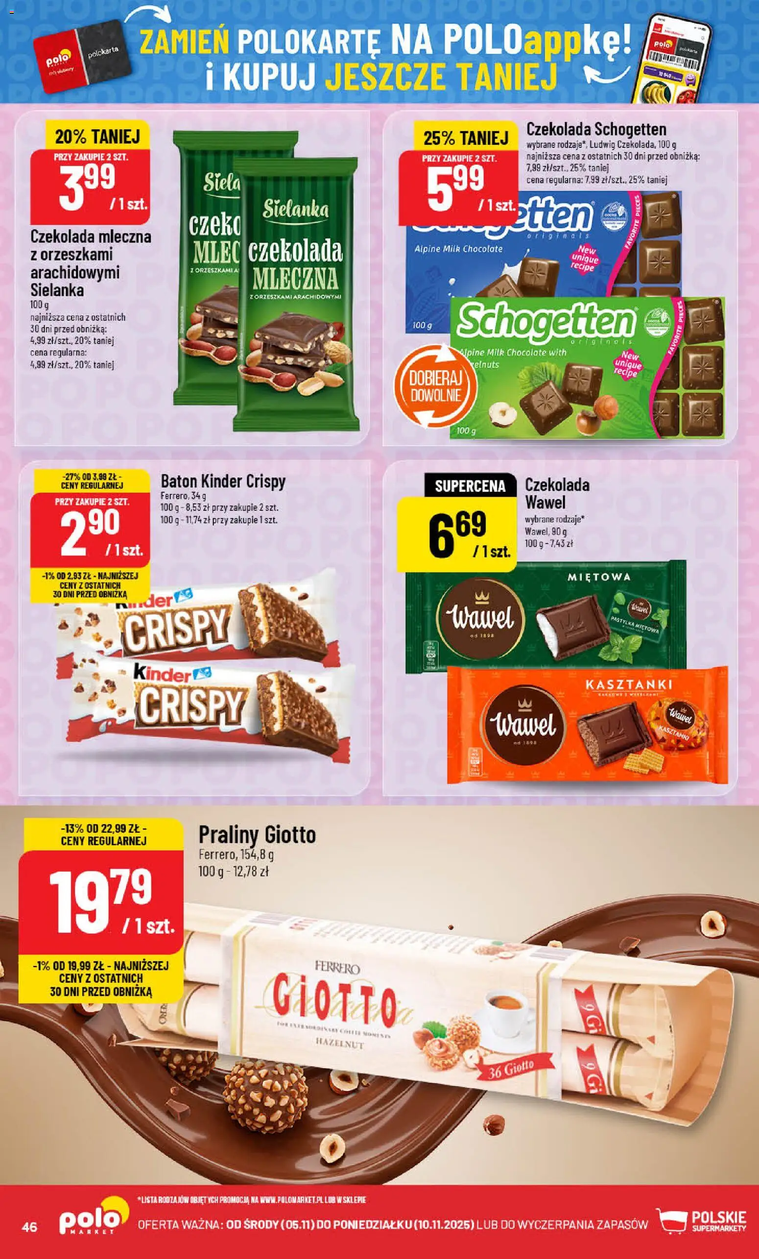 POLOmarket Gazetka od 05.11.2025 | Strona: 46 | Produkty: Czekolada mleczna, Praliny, Baton, Czekolada