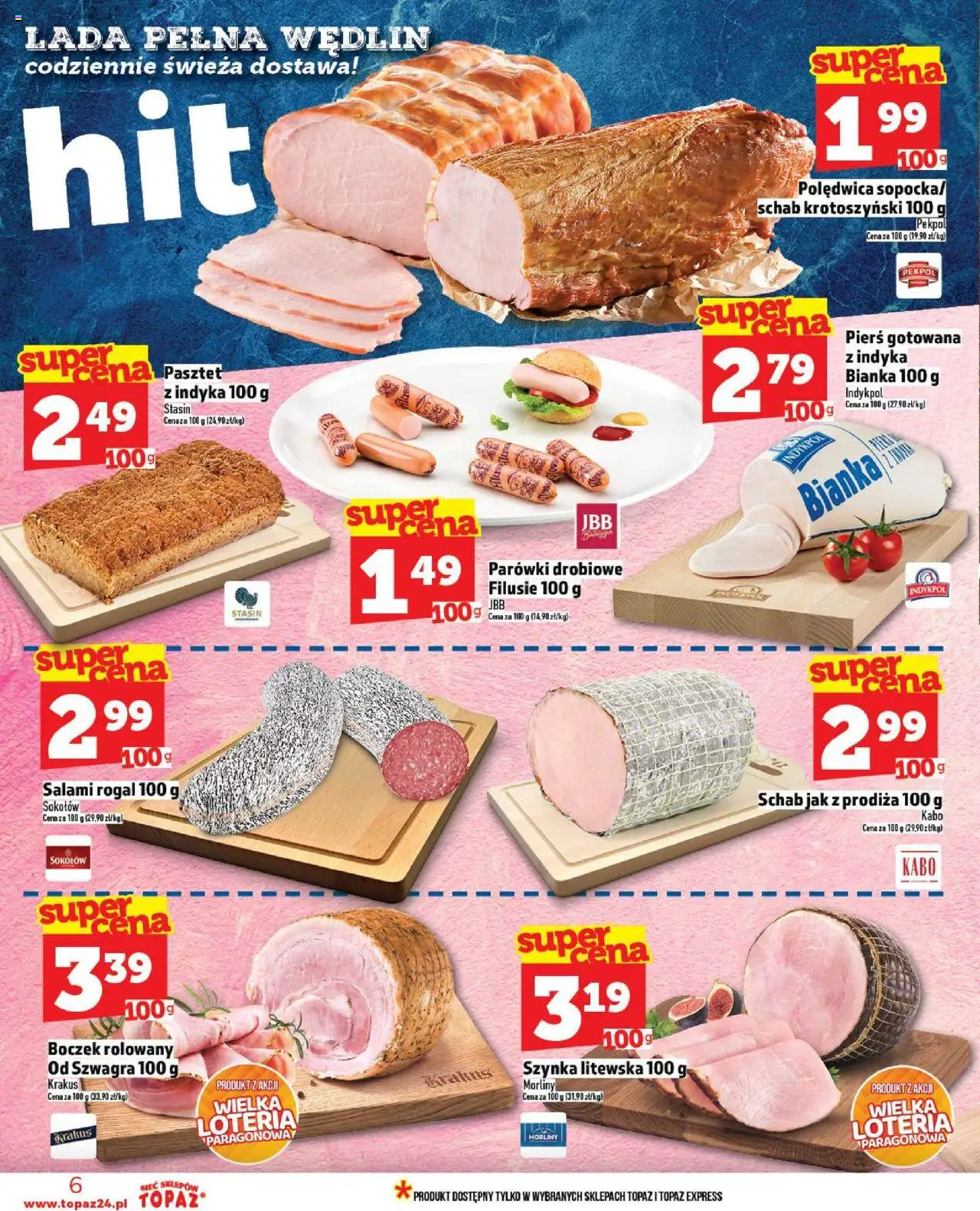 Topaz Gazetka MAZ od 11.09.2025 | Strona: 6 | Produkty: Pasztet z indyka, Parówki, Szynka, Boczek
