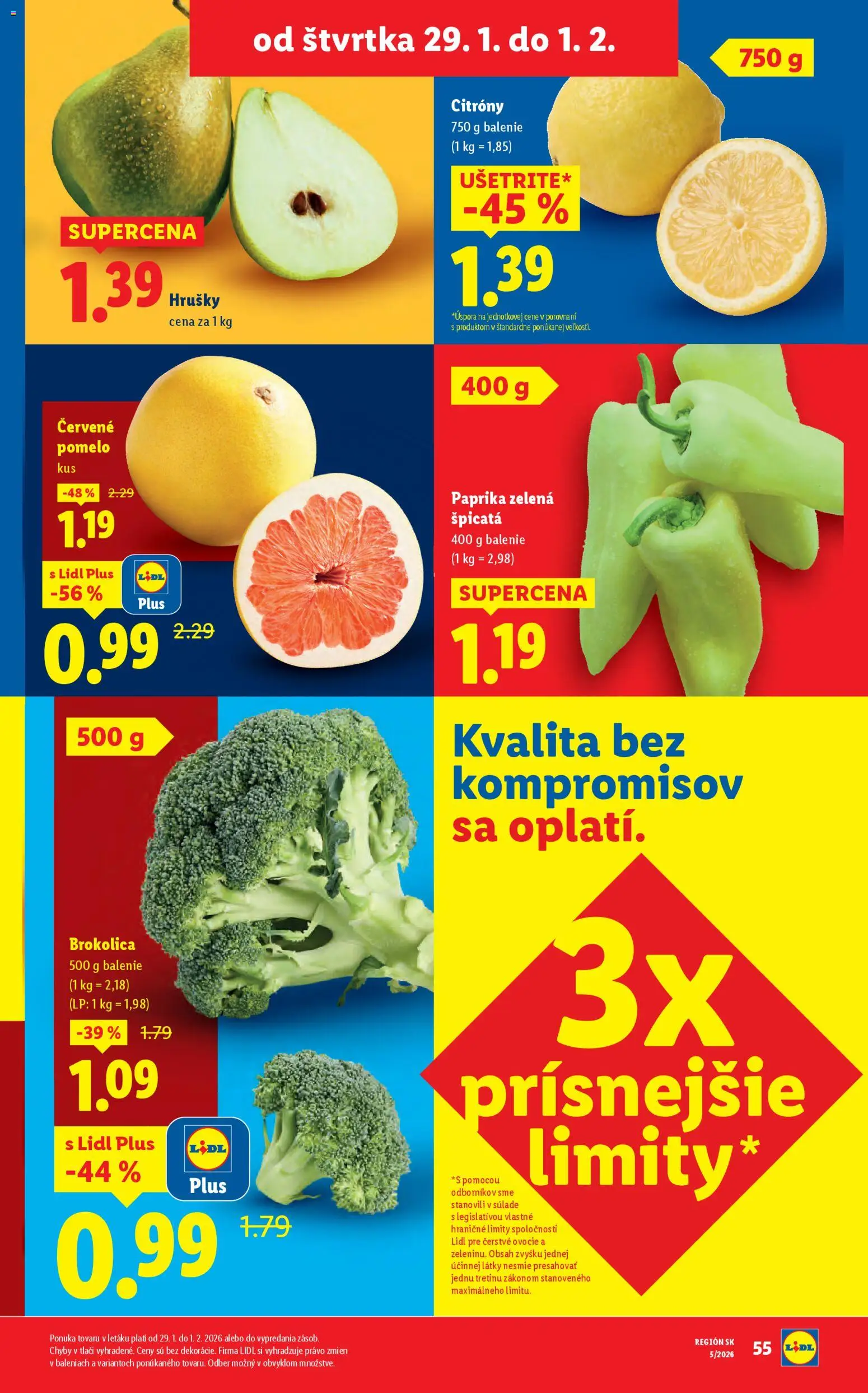 Nové Lidl akcie – leták je platný od 26.01.2026 | Strana: 67 | Produkty: Paprika, Brokolica, Hrušky, Pomelo