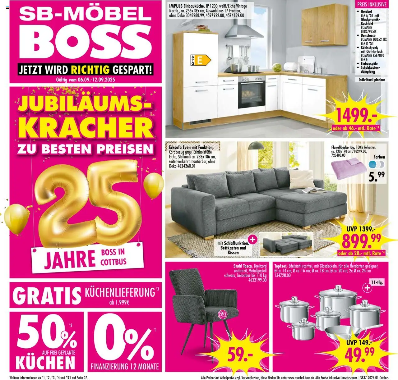SB Möbel Boss Prospekt Cottbus	 – gültig ab 06.09.2025 | Seite: 1 | Produkte: Ecksofa, Stuhl, Kühlschrank, Kochfeld