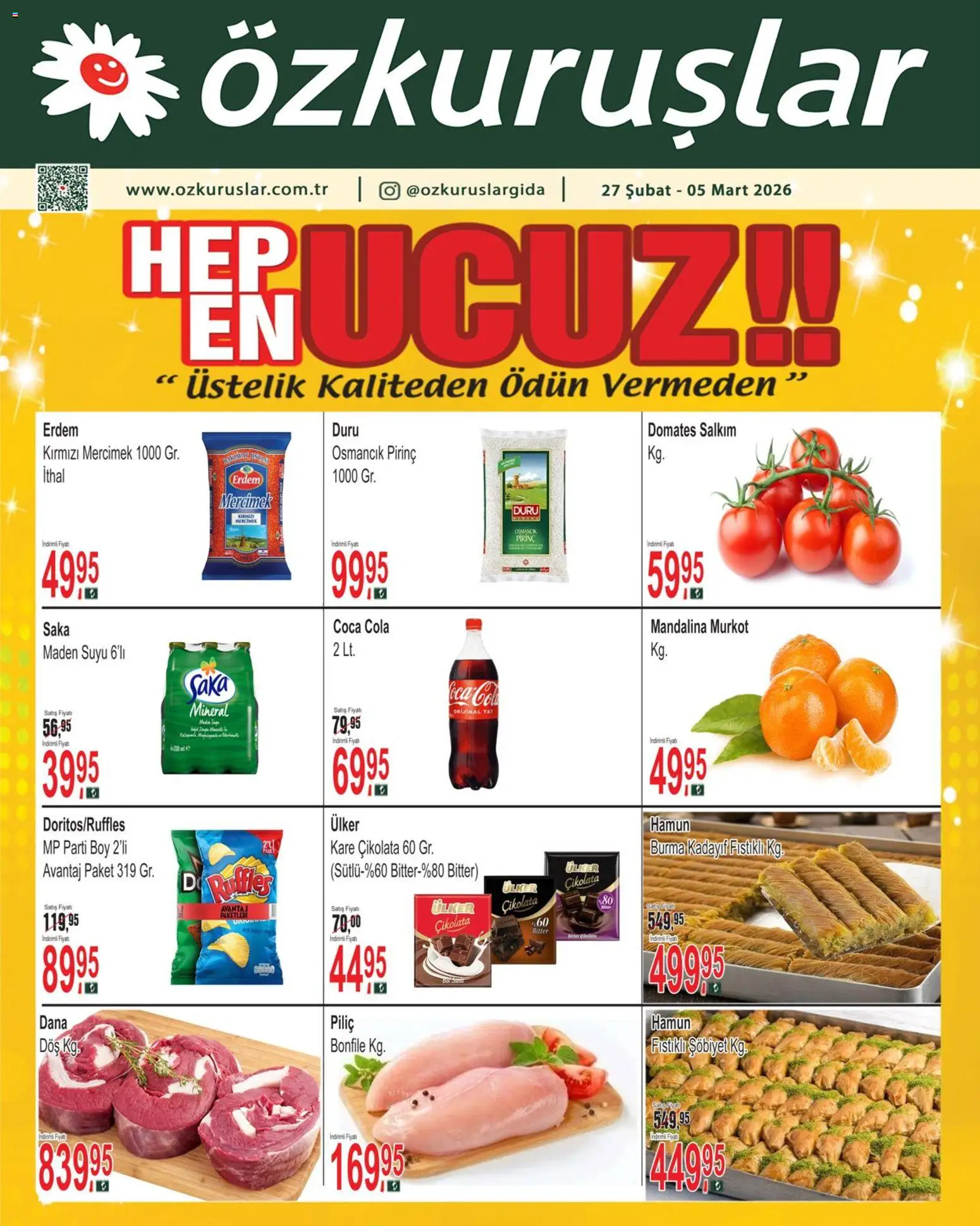 Özkuruşlar Katalog - 27.02.2026 tarihinden itibaren geçerlidir | Sayfa: 1 | Ürünler: Domates, Mandalina, Piliç, Maden suyu