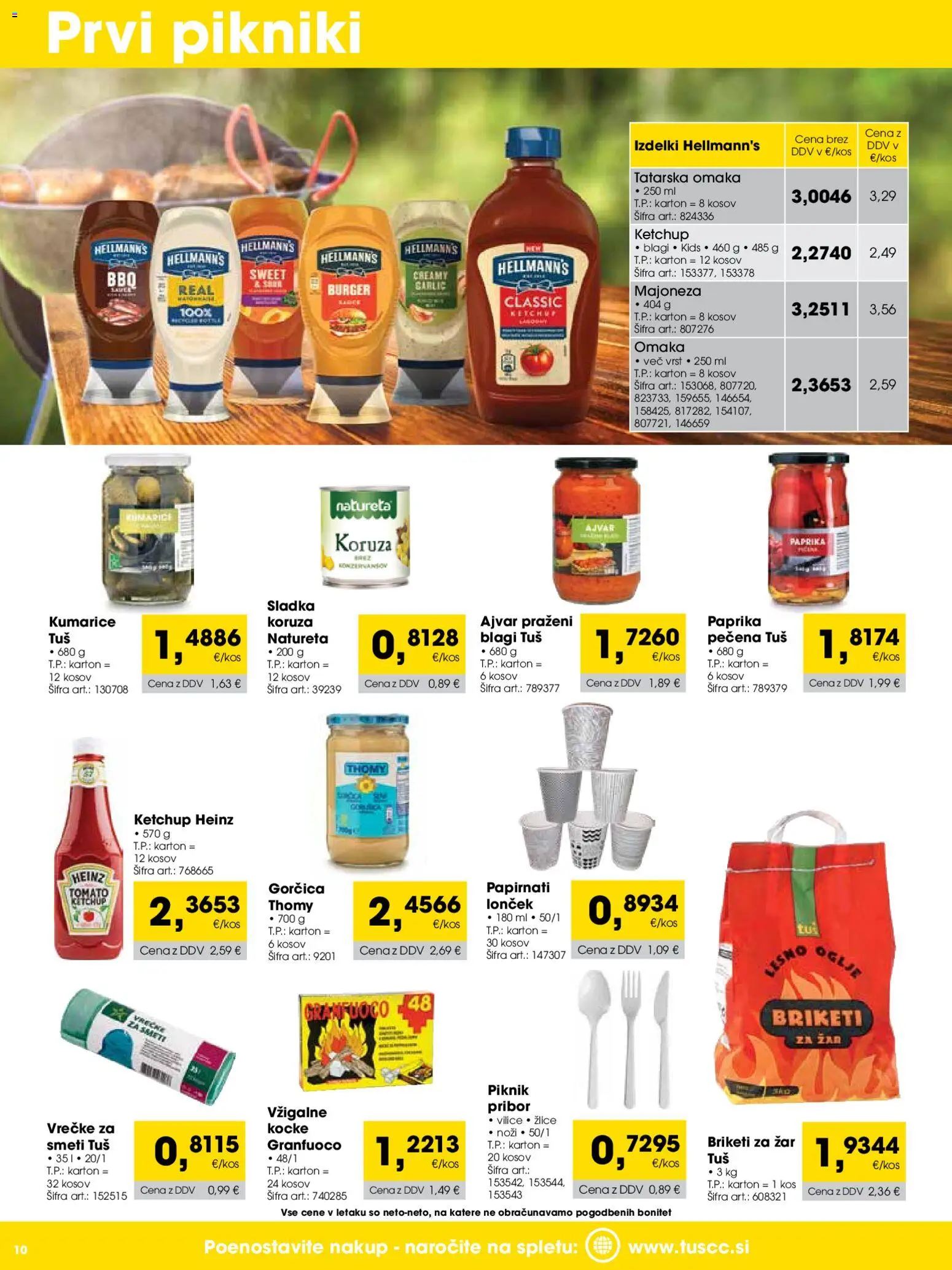 Novi Tuš katalog ponudbe – veljaven od 01.04.2026 | Stran: 10 | Izdelki: Koruza, Kumarice, Majoneza, Omaka