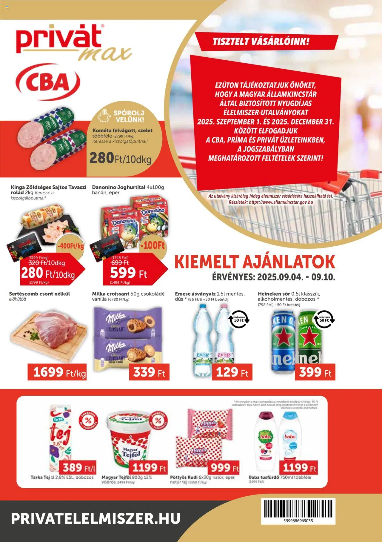PRIVÁT akciós ujság - amely érvényes a következő dátumtól: 04.09.2025 | Oldal: 1 | Termékek: Croissant, Heineken, Tusfürdő, Tejföl